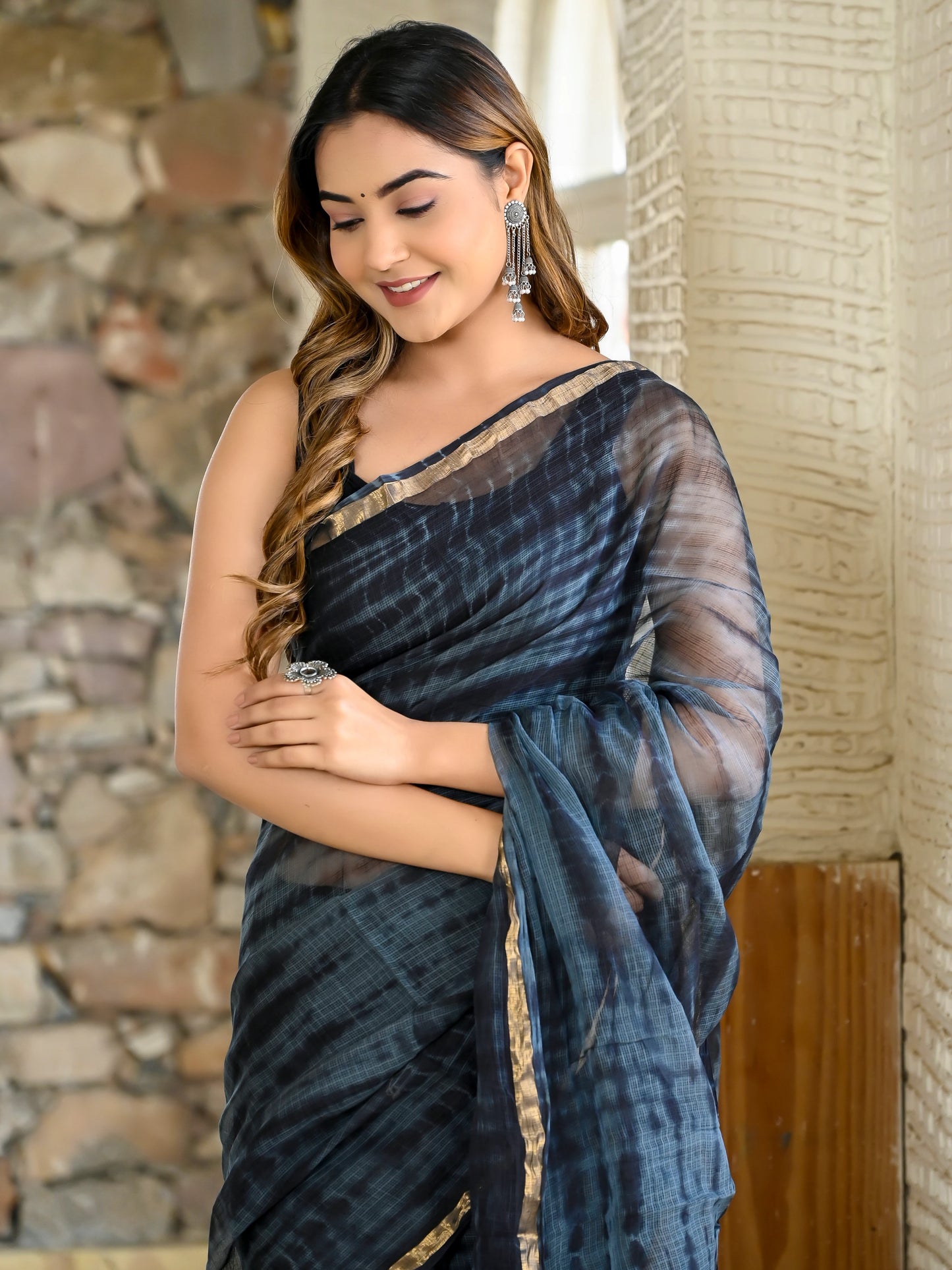 Grey and Black tie Die print pure kota doria saree