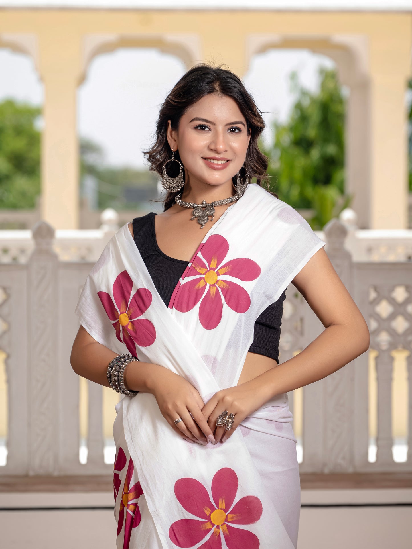 White Hand Printed Pure Mul Cotton Saree