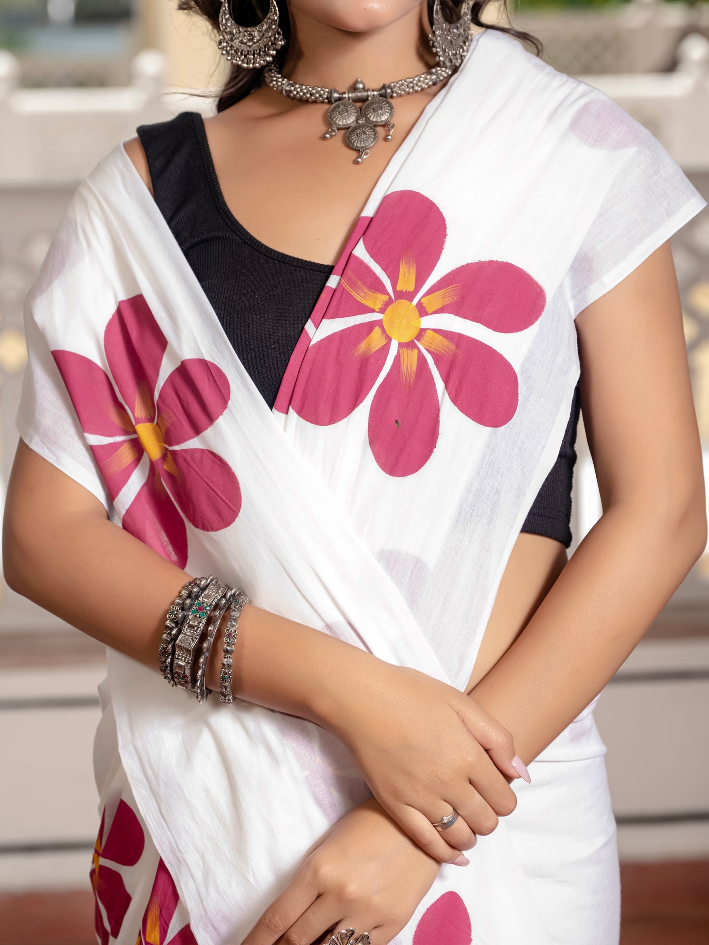 White Hand Printed Pure Mul Cotton Saree