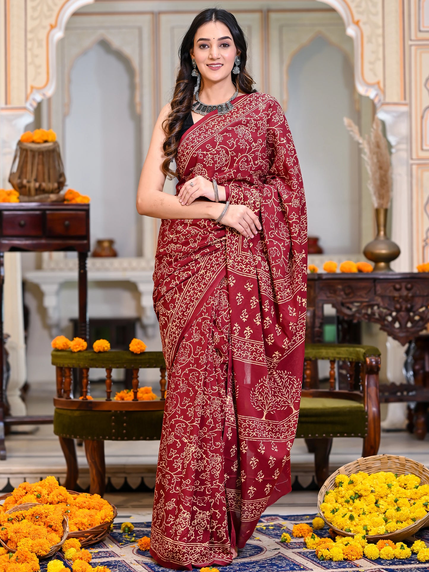 Maroon Jhaal Block Print Pure Cotton Saree