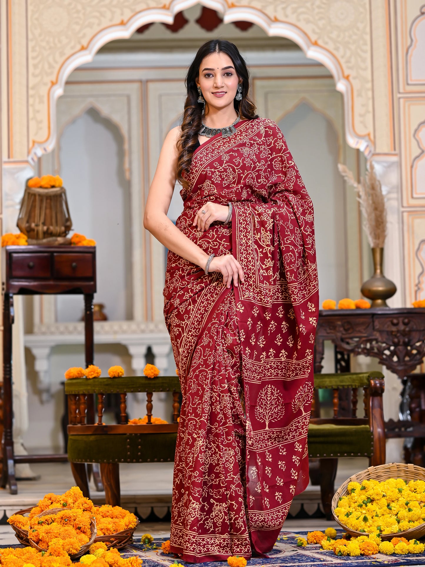 Maroon Jhaal Block Print Pure Cotton Saree