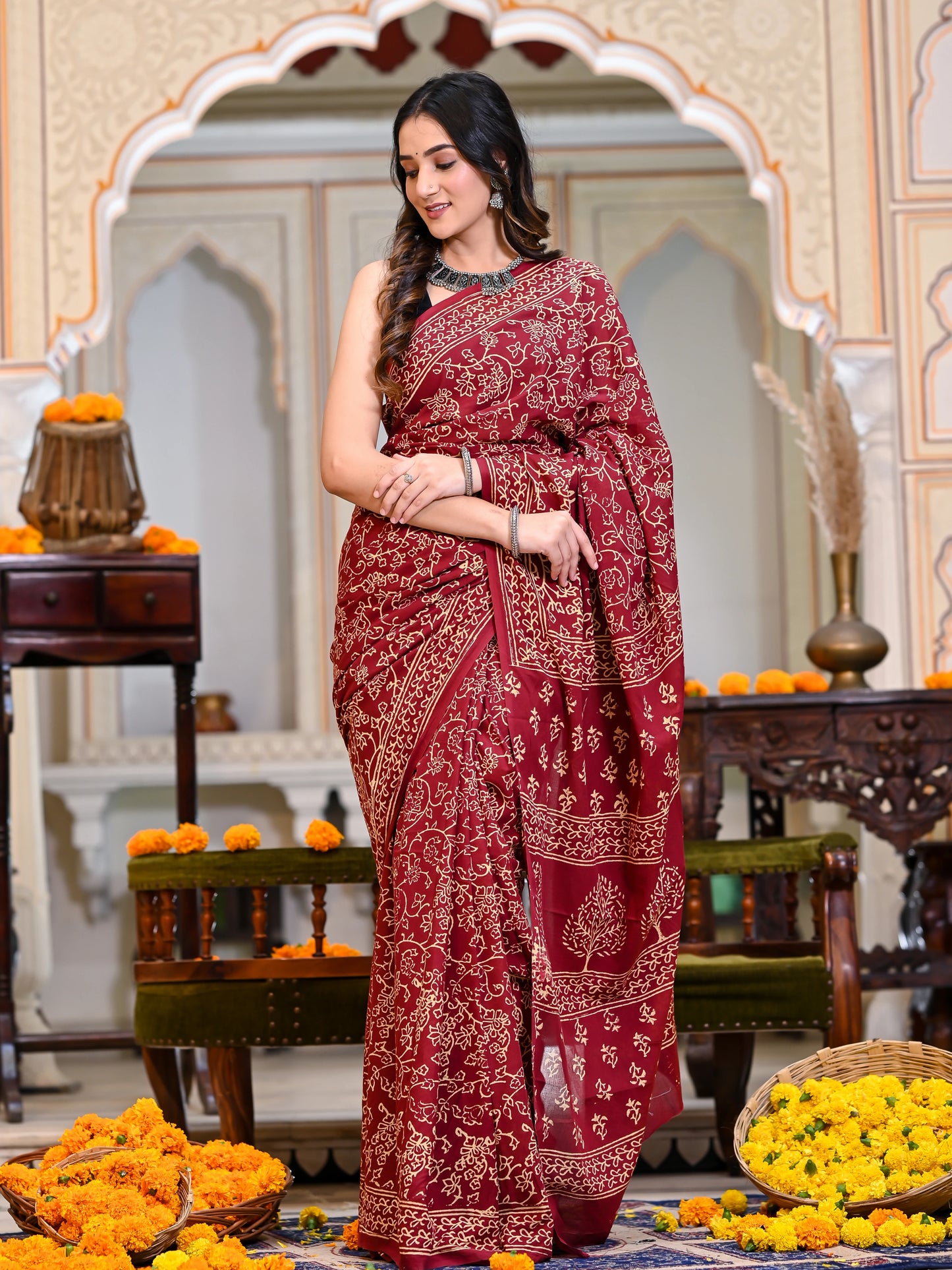 Maroon Jhaal Block Print Pure Cotton Saree