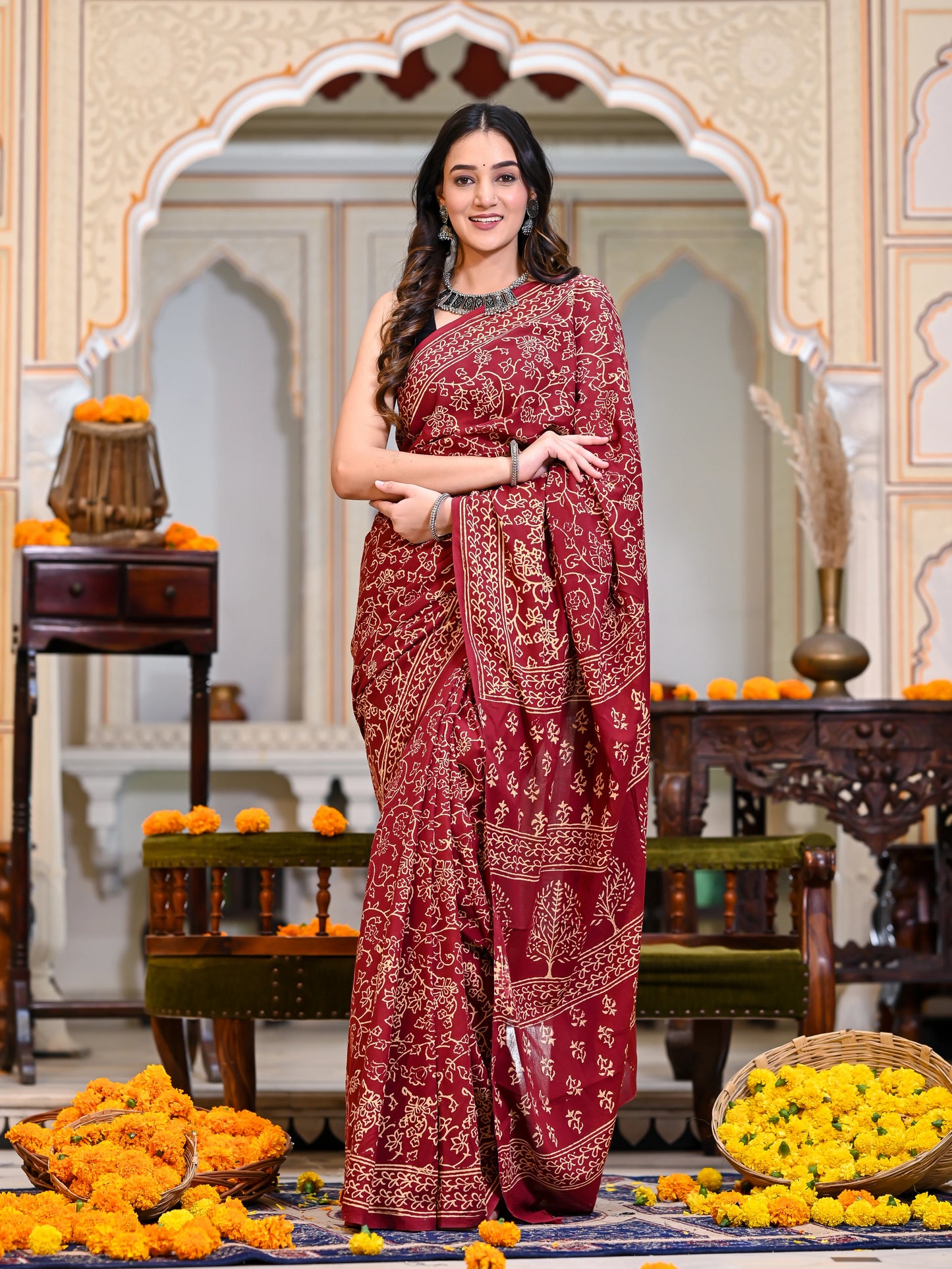 Maroon Jhaal Block Print Pure Cotton Saree