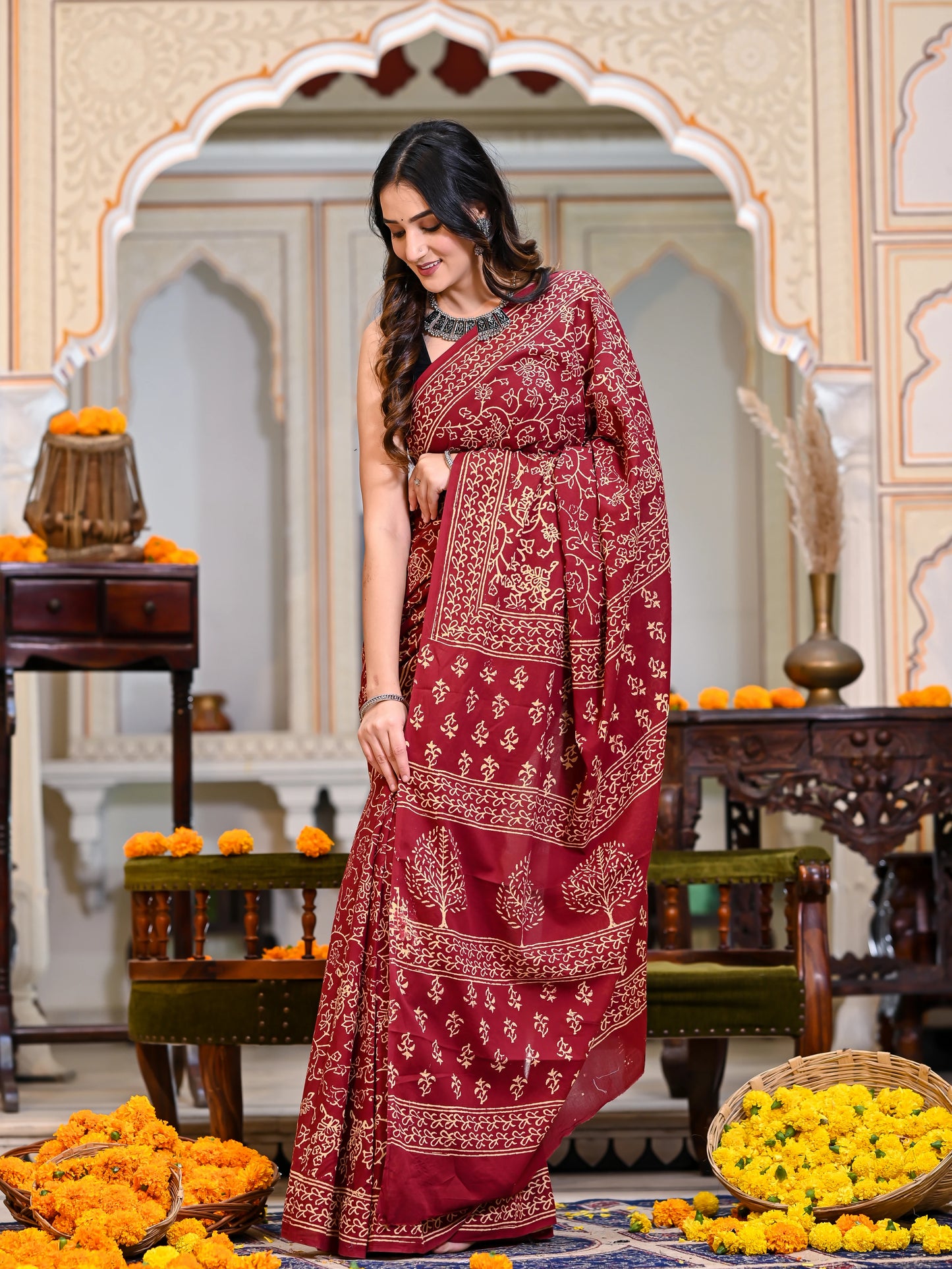 Maroon Jhaal Block Print Pure Cotton Saree