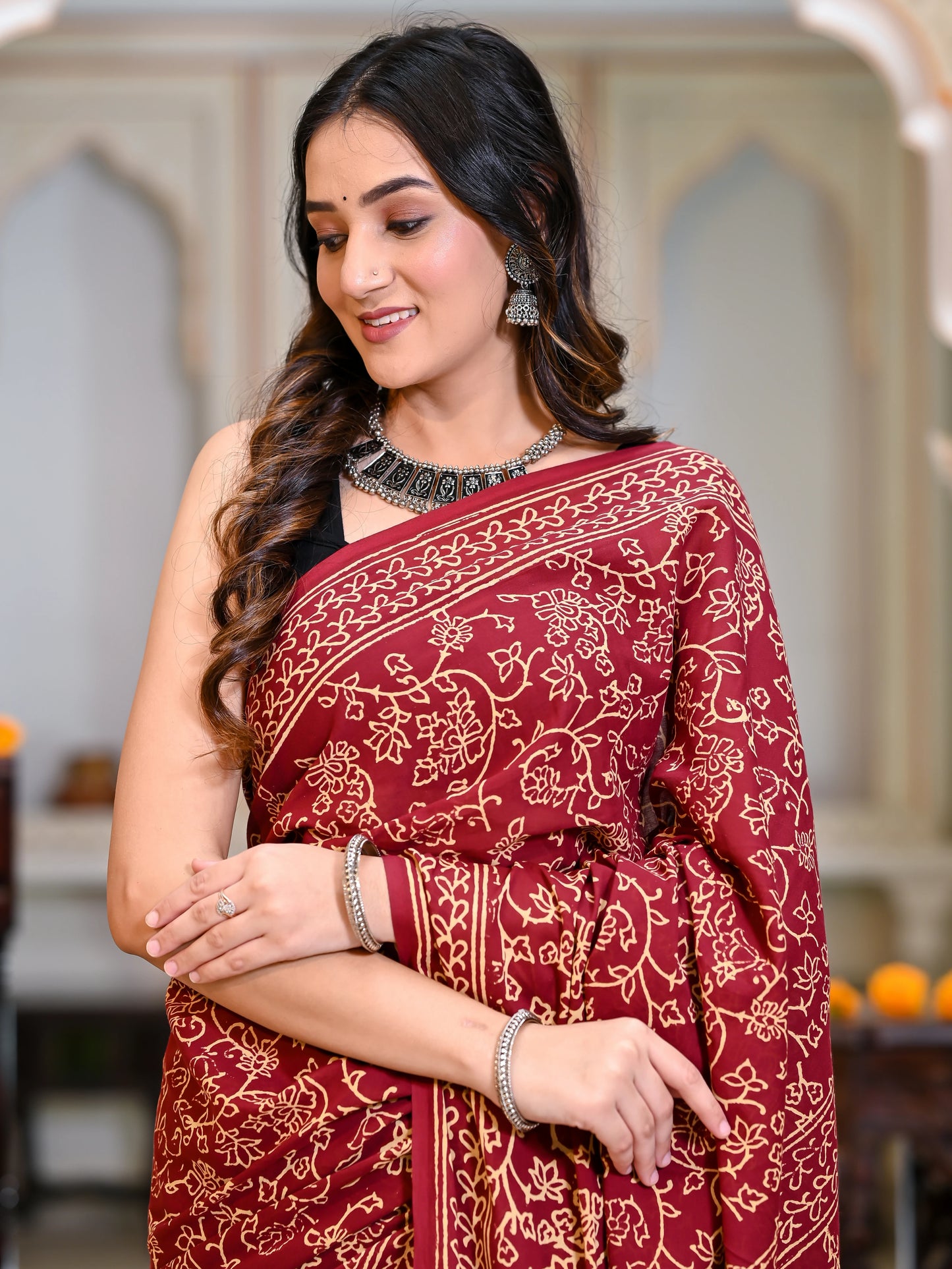 Maroon Jhaal Block Print Pure Cotton Saree