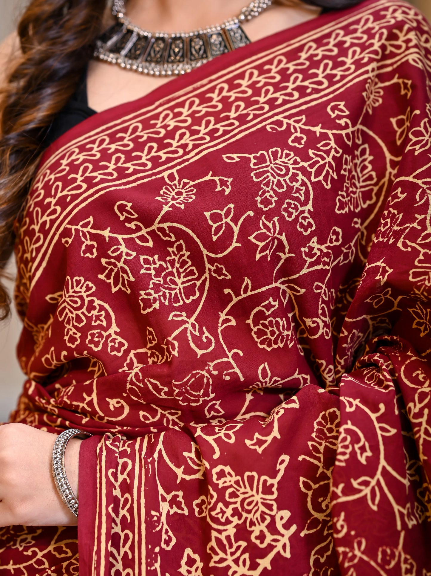 Maroon Jhaal Block Print Pure Cotton Saree