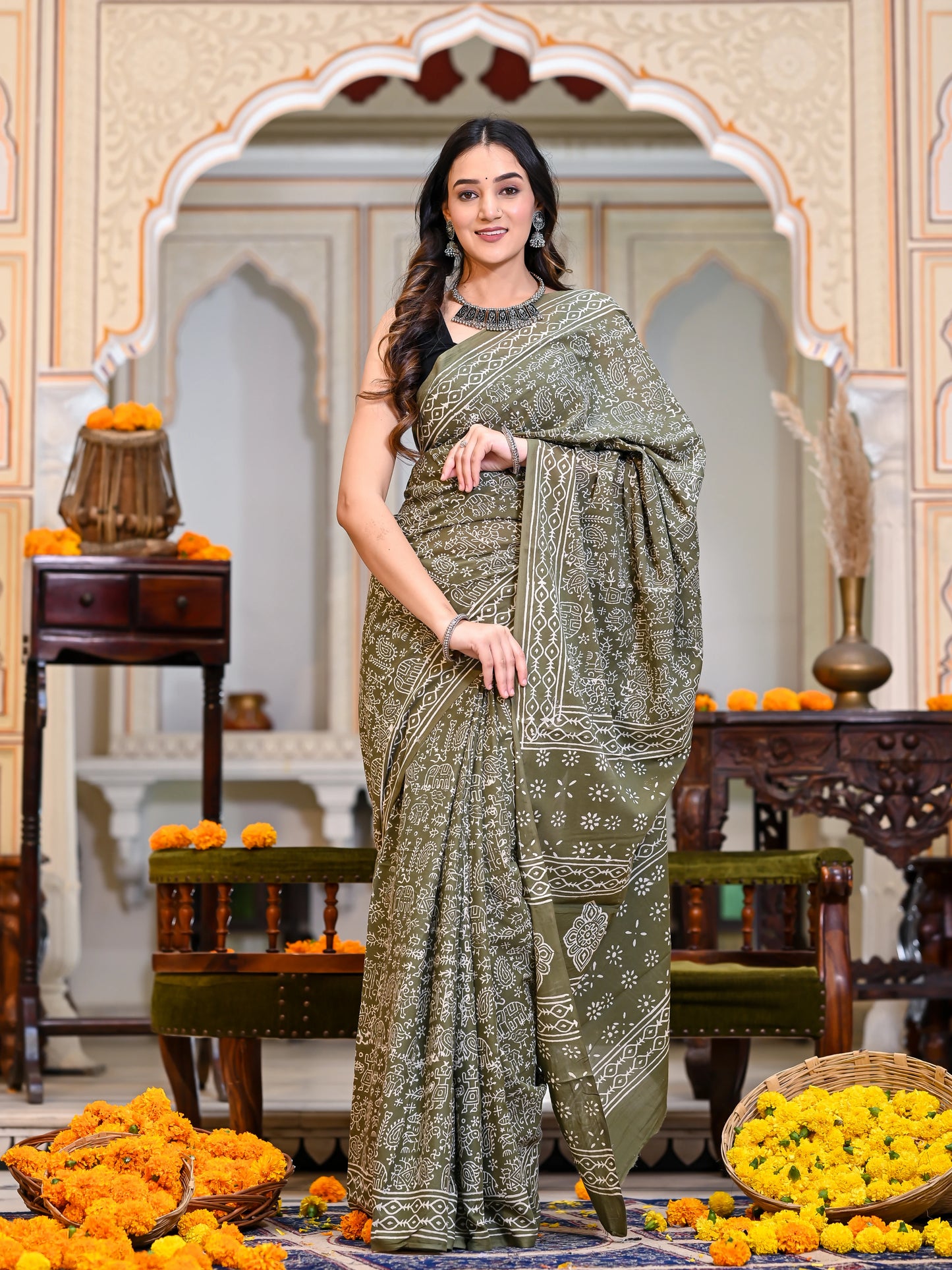 Green Varli Block Print Pure Cotton Saree