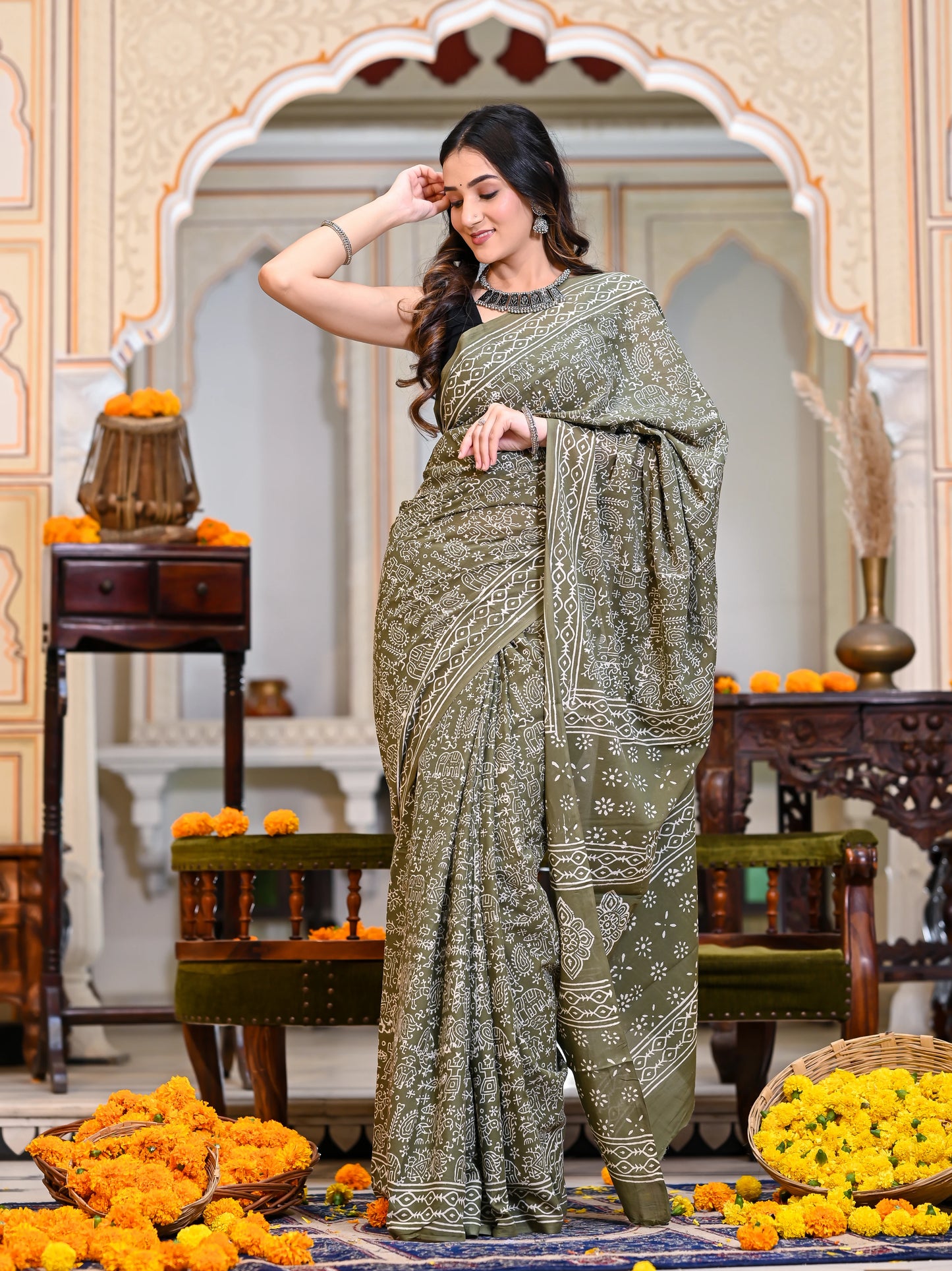 Green Varli Block Print Pure Cotton Saree