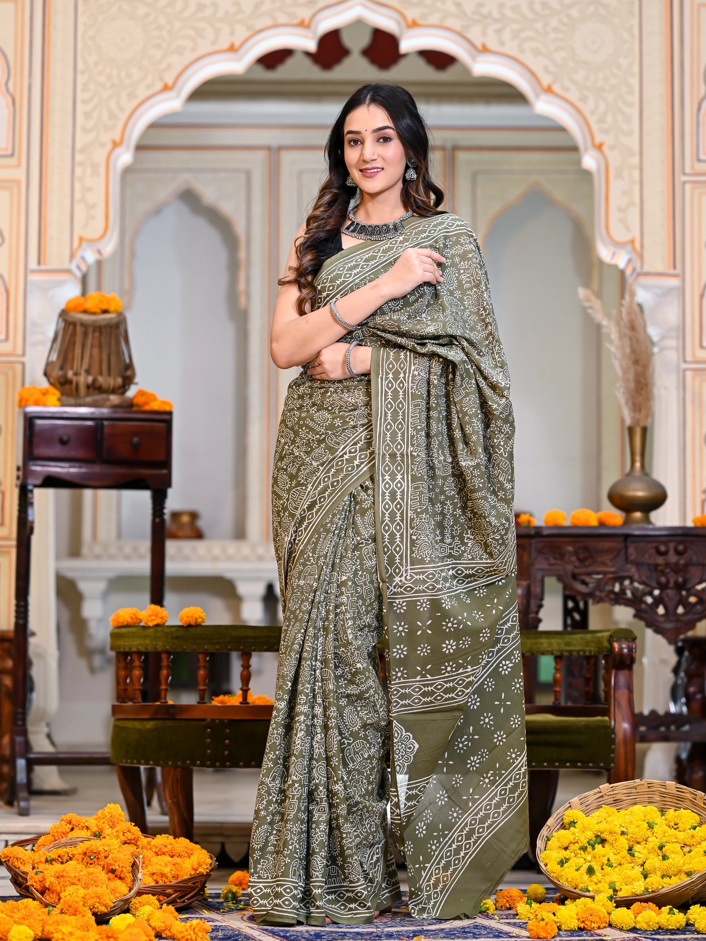 Green Varli Block Print Pure Cotton Saree
