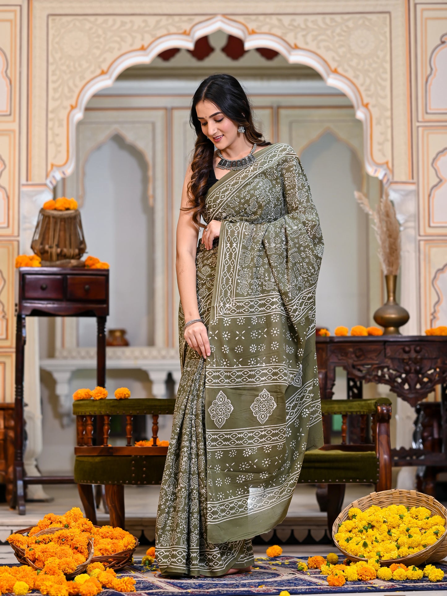 Green Varli Block Print Pure Cotton Saree