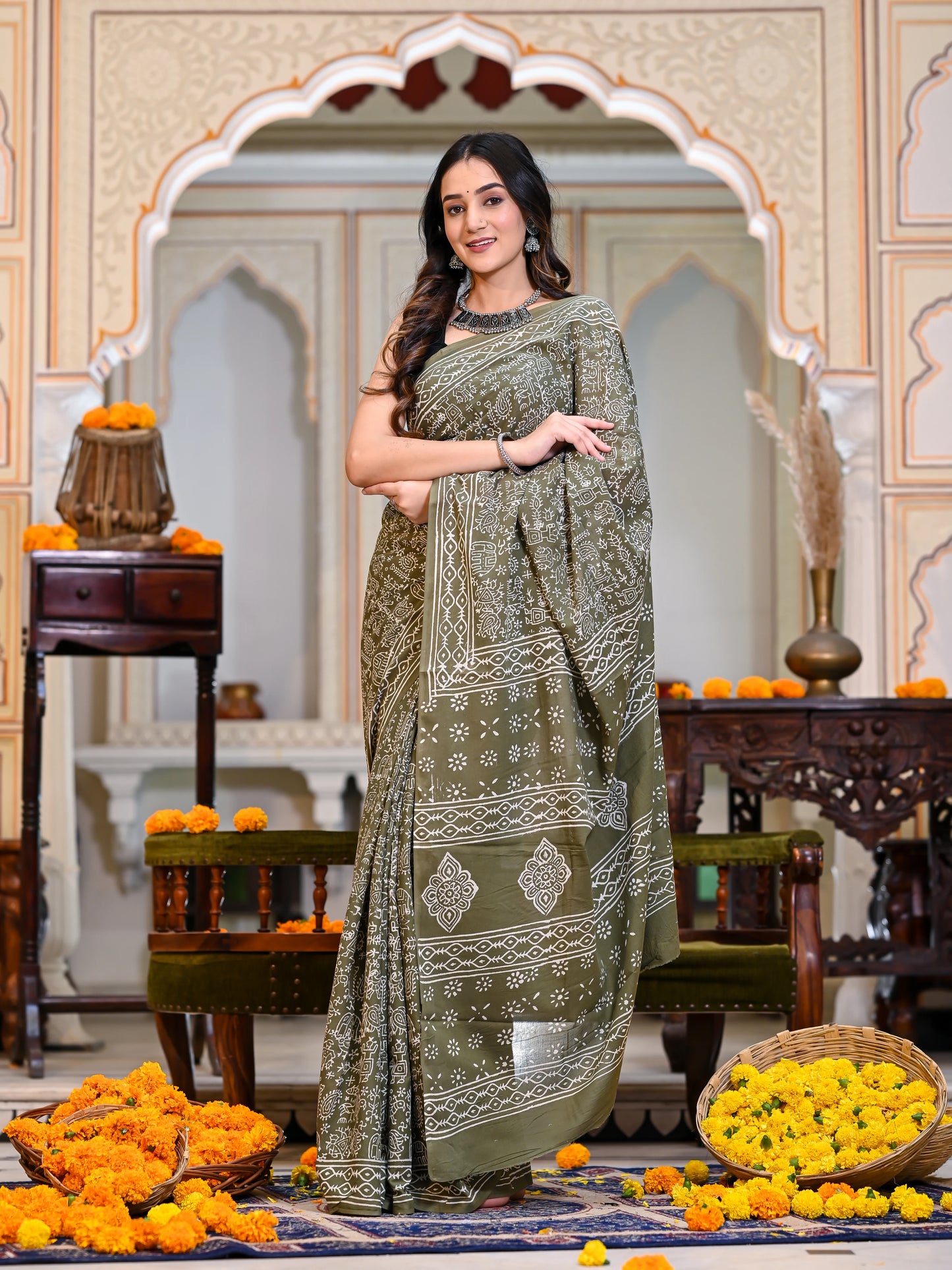 Green Varli Block Print Pure Cotton Saree