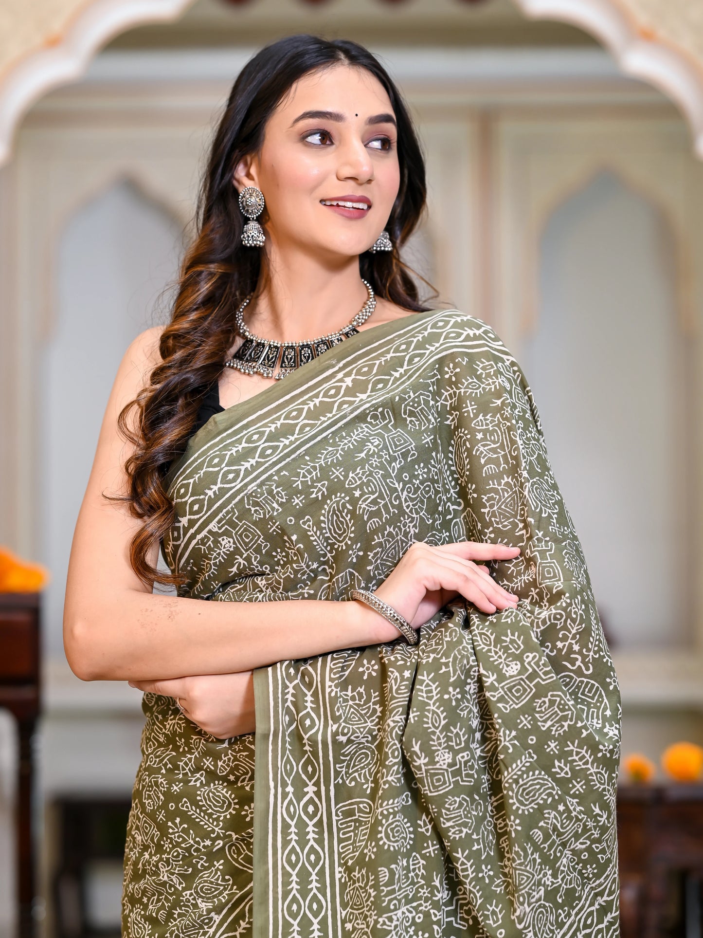 Green Varli Block Print Pure Cotton Saree