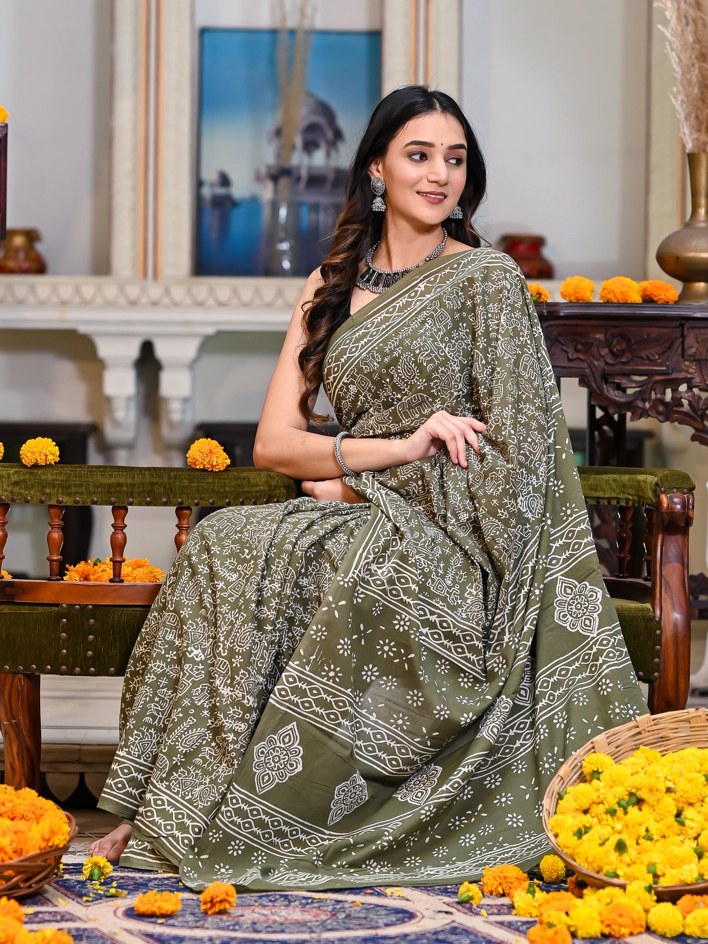 Green Varli Block Print Pure Cotton Saree
