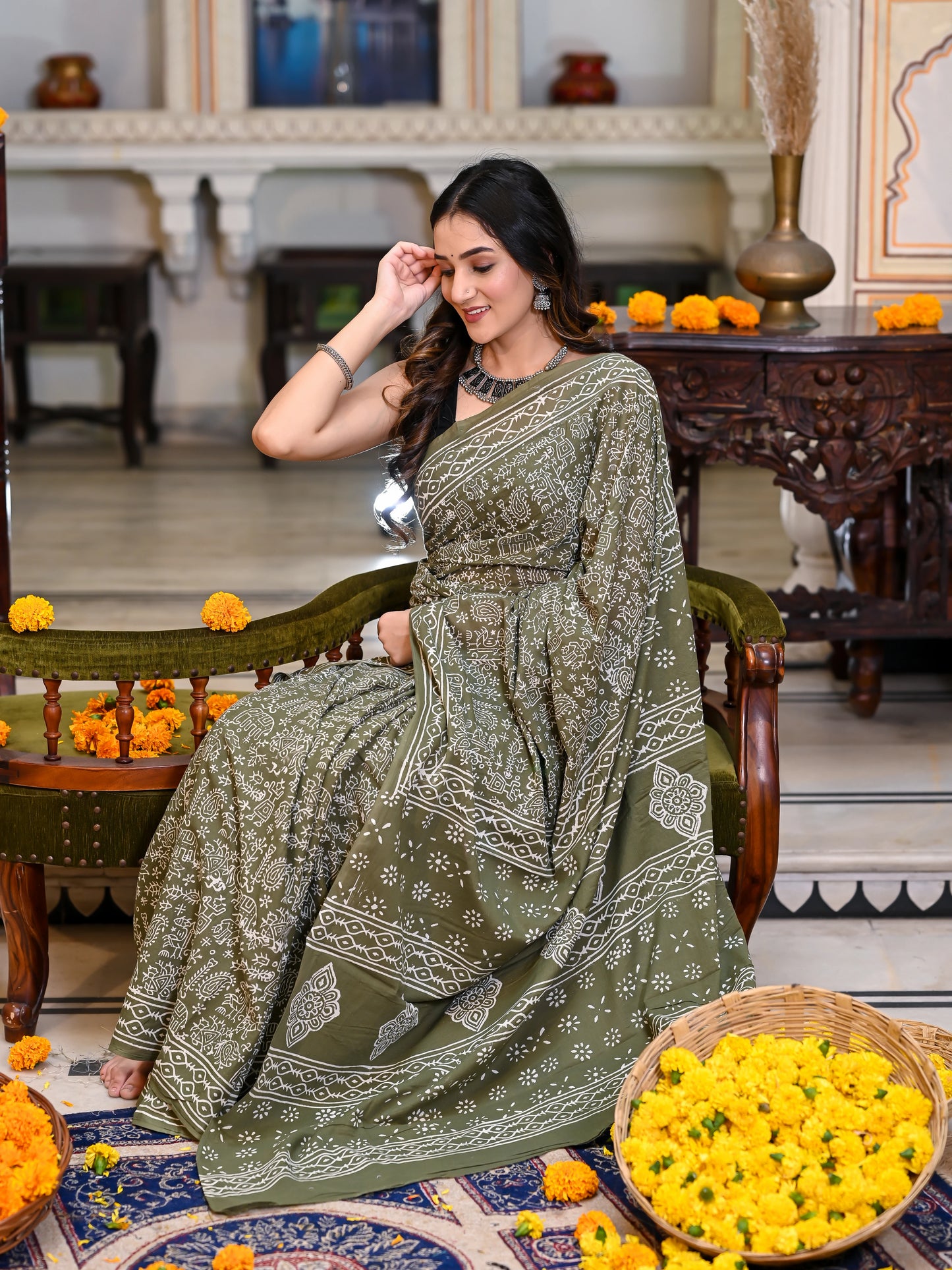 Green Varli Block Print Pure Cotton Saree