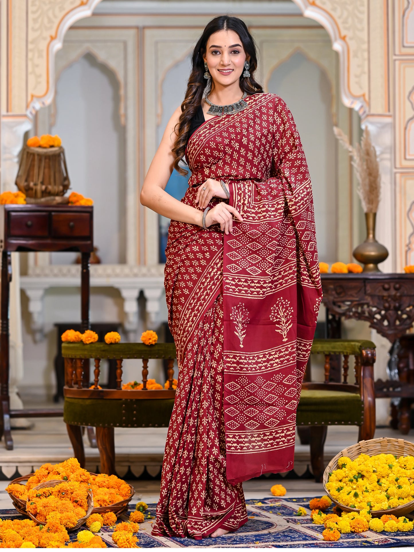 Maroon Booti Block Print Pure Cotton Saree