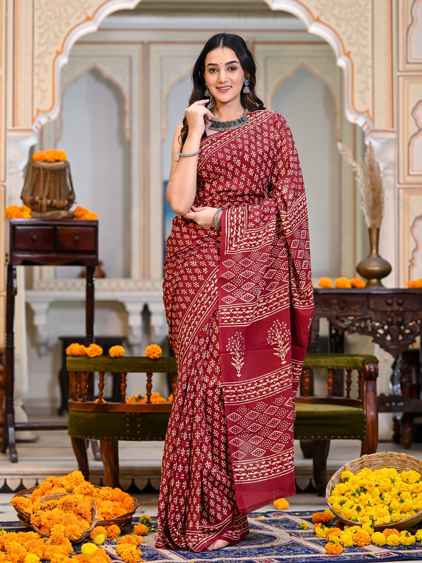 Maroon Booti Block Print Pure Cotton Saree