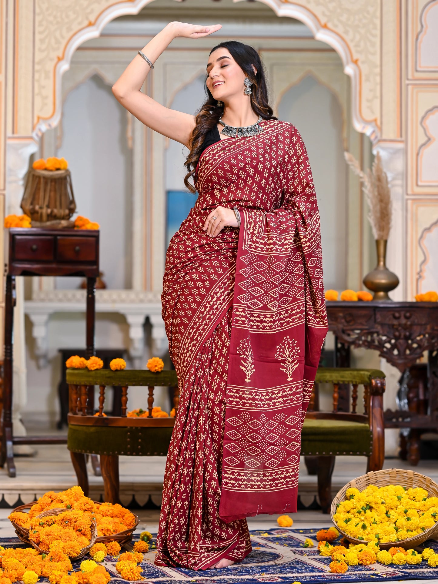 Maroon Booti Block Print Pure Cotton Saree