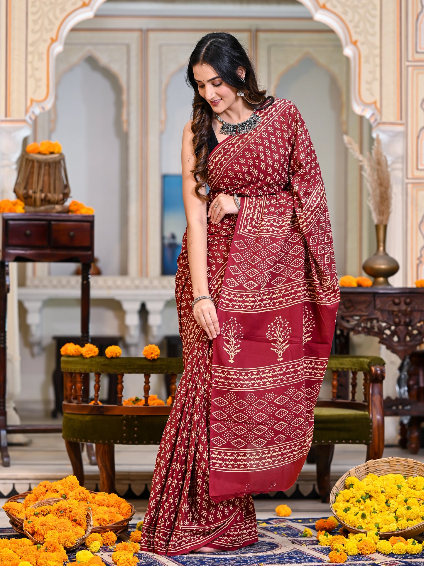 Maroon Booti Block Print Pure Cotton Saree