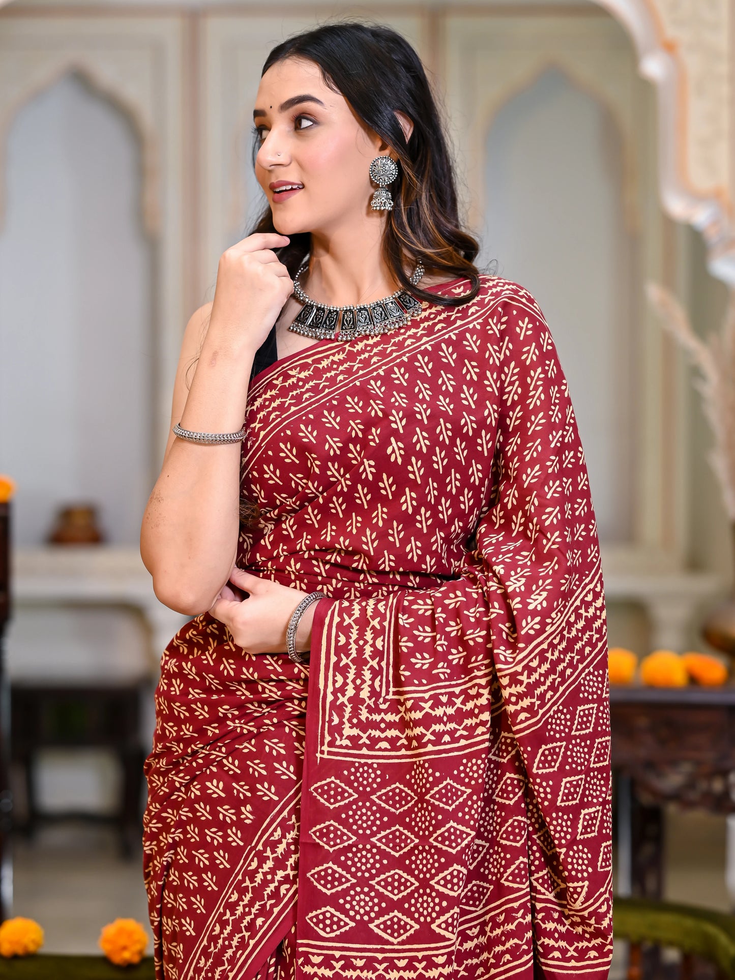 Maroon Booti Block Print Pure Cotton Saree