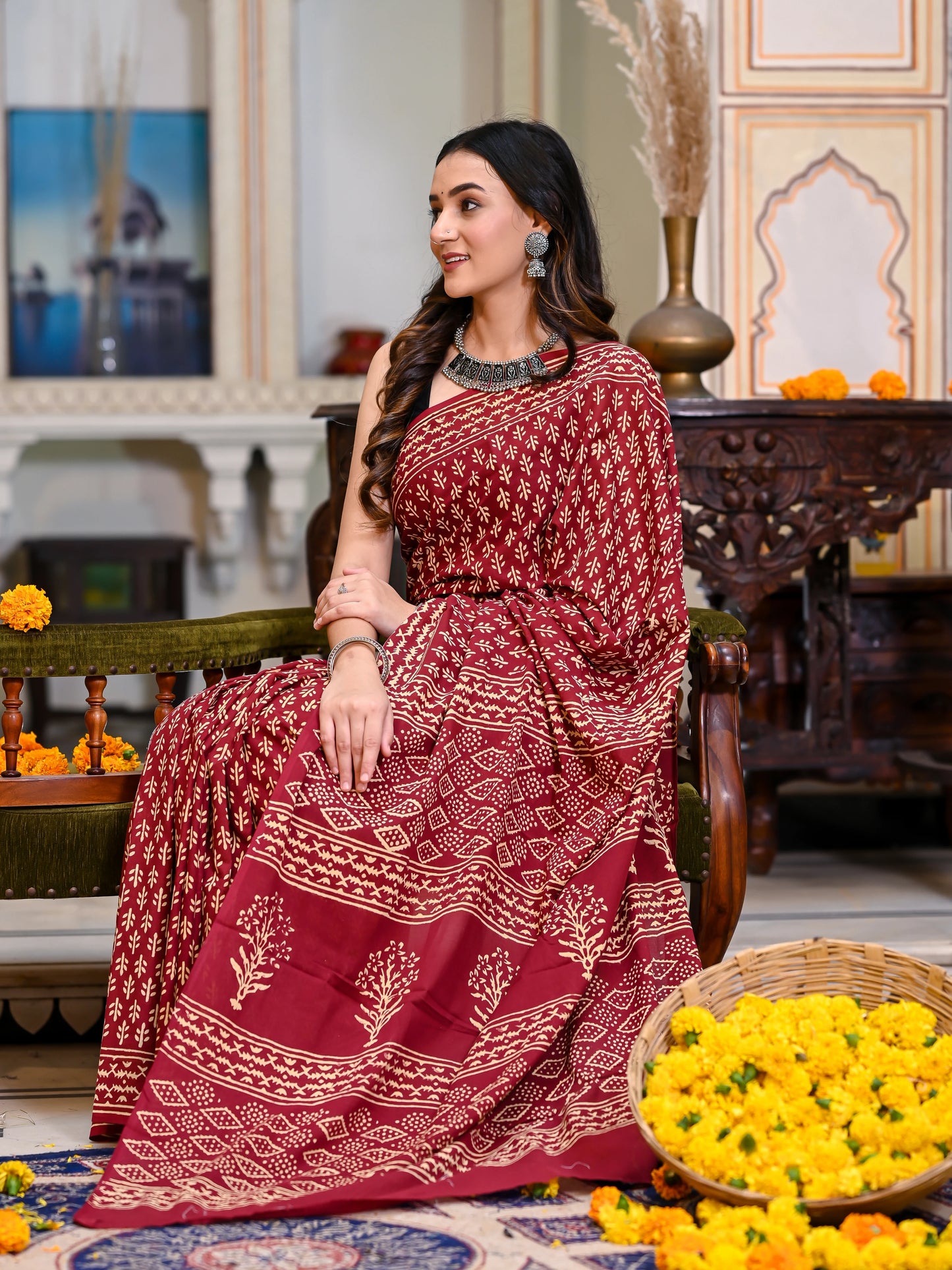Maroon Booti Block Print Pure Cotton Saree