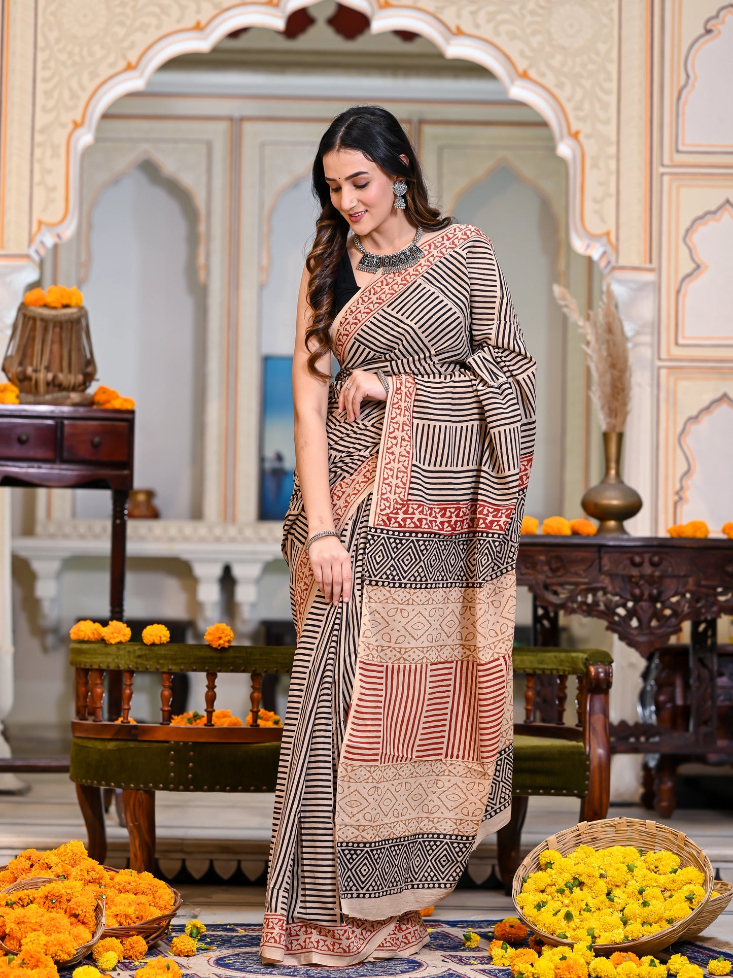 Bagru Salli (Stripes) Block Print Pure Cotton Saree