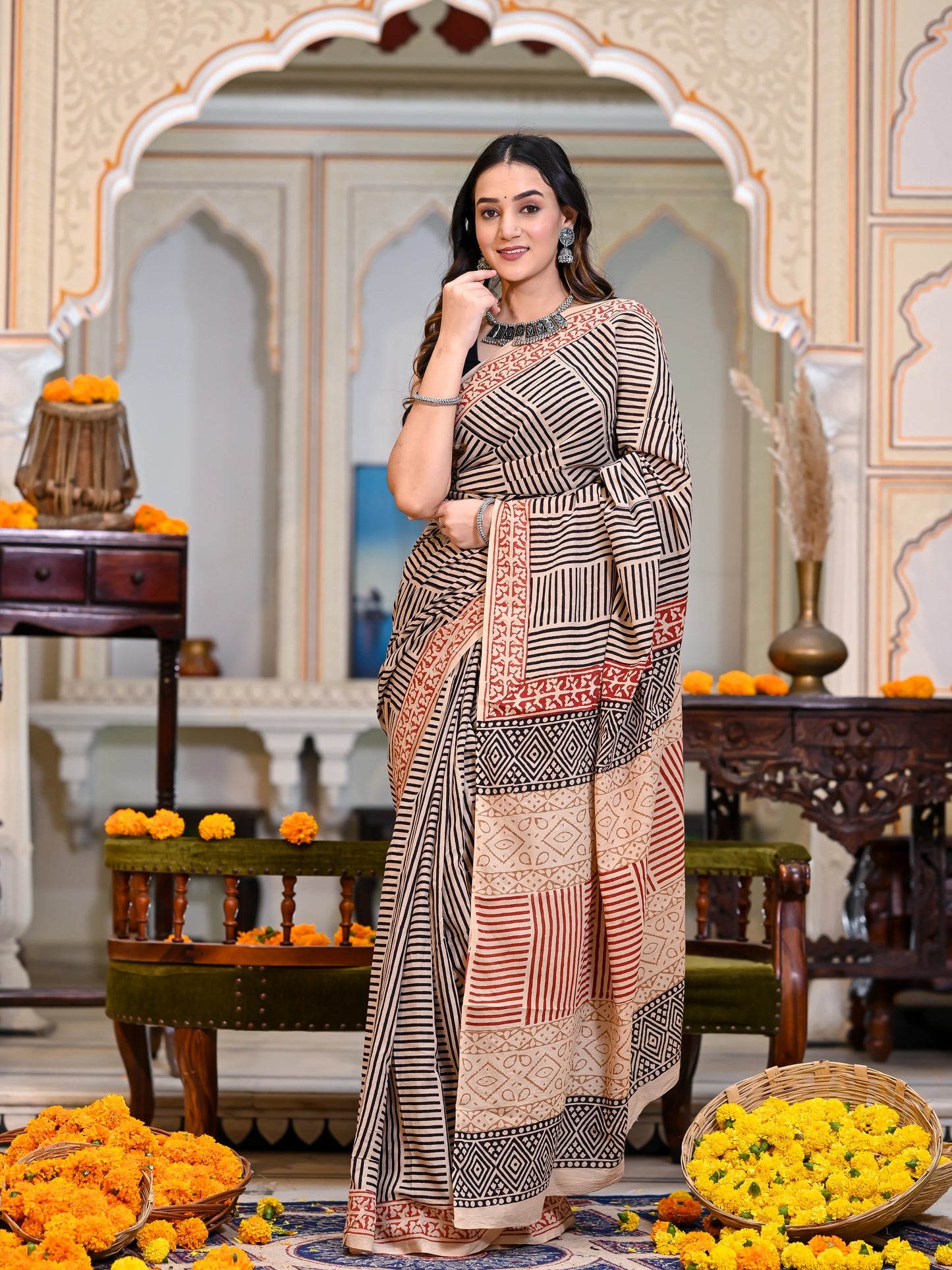 Bagru Salli (Stripes) Block Print Pure Cotton Saree