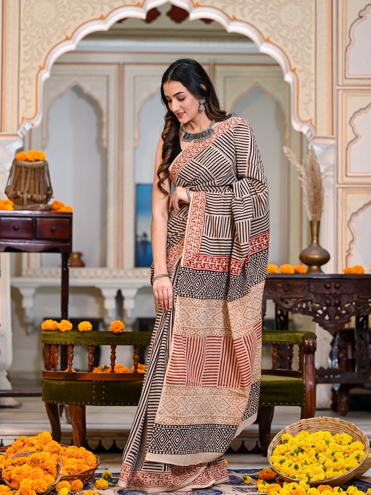 Bagru Salli (Stripes) Block Print Pure Cotton Saree