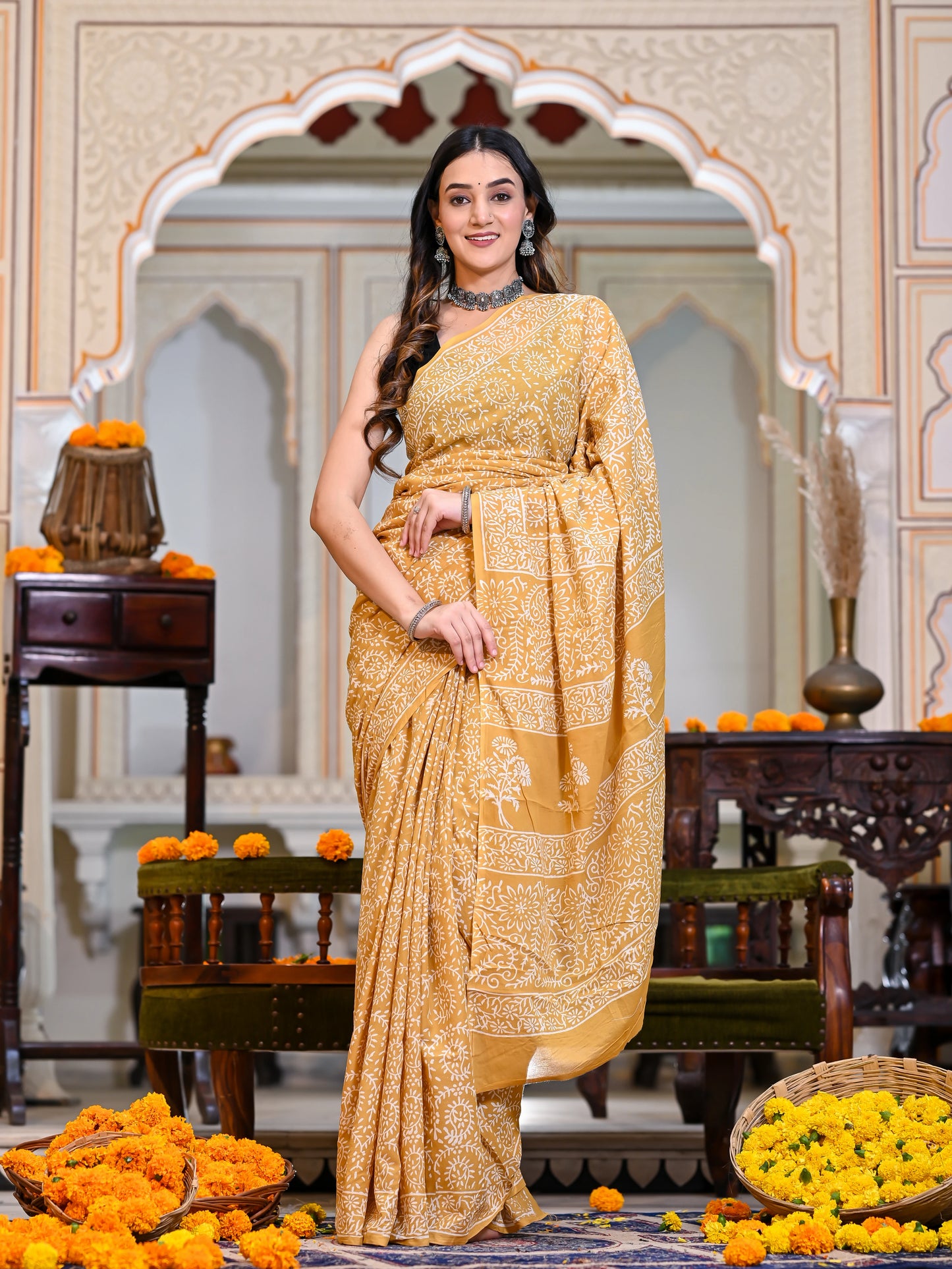 Yellow Jaal Block Print Pure Cotton Saree