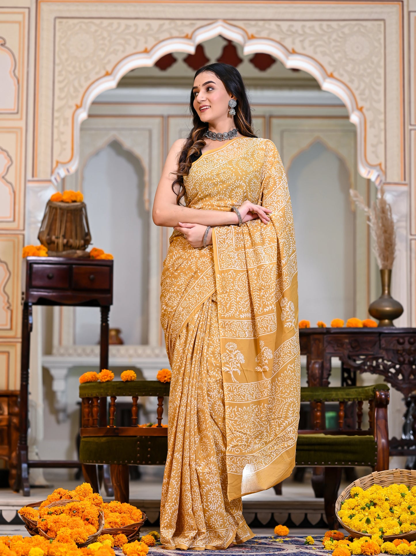 Yellow Jaal Block Print Pure Cotton Saree