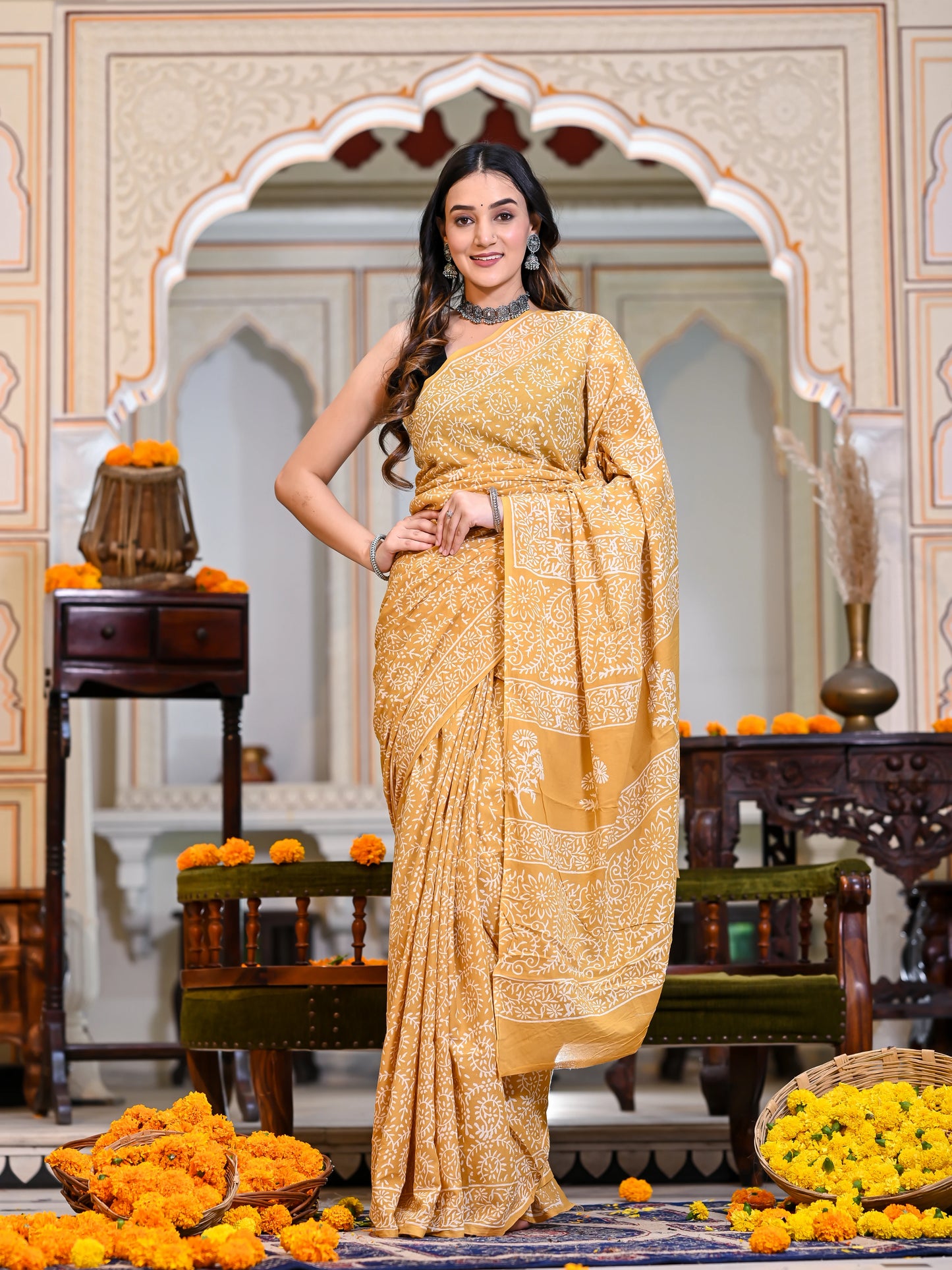 Yellow Jaal Block Print Pure Cotton Saree