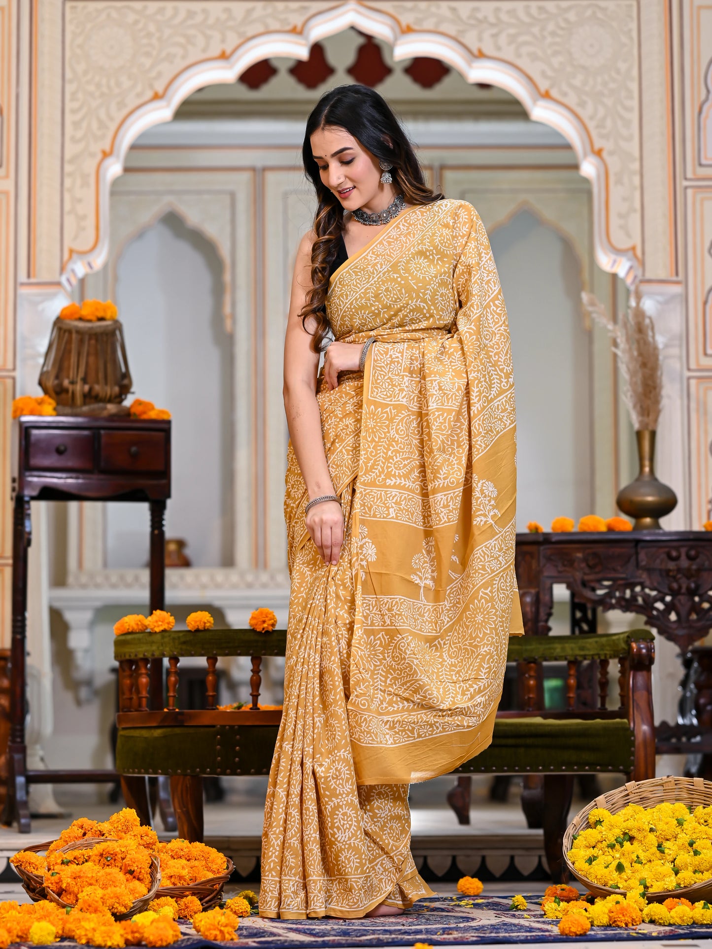Yellow Jaal Block Print Pure Cotton Saree