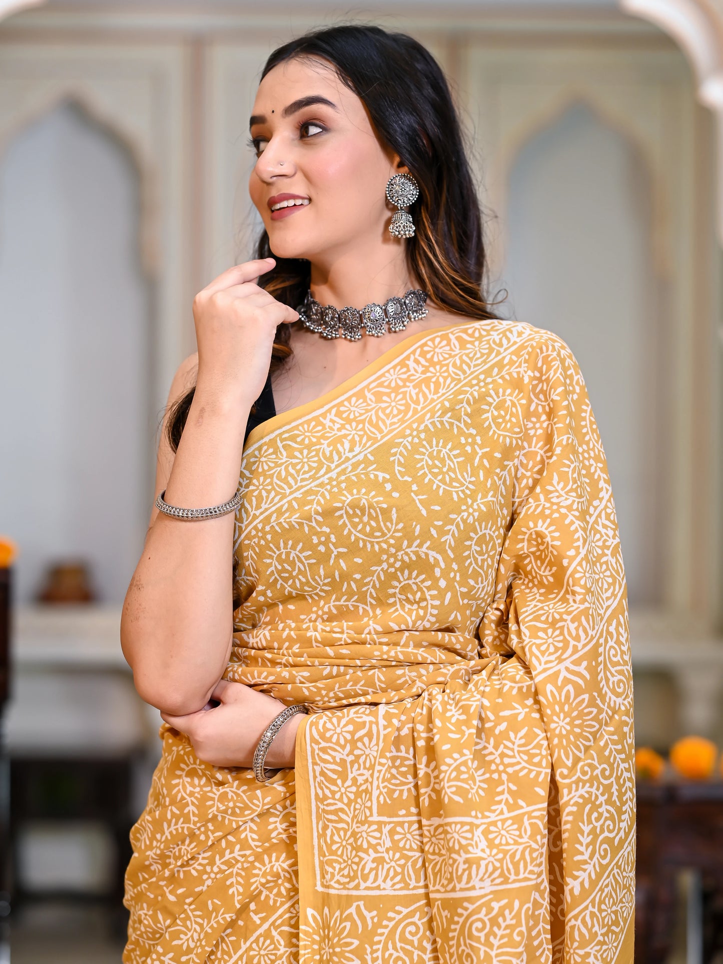 Yellow Jaal Block Print Pure Cotton Saree
