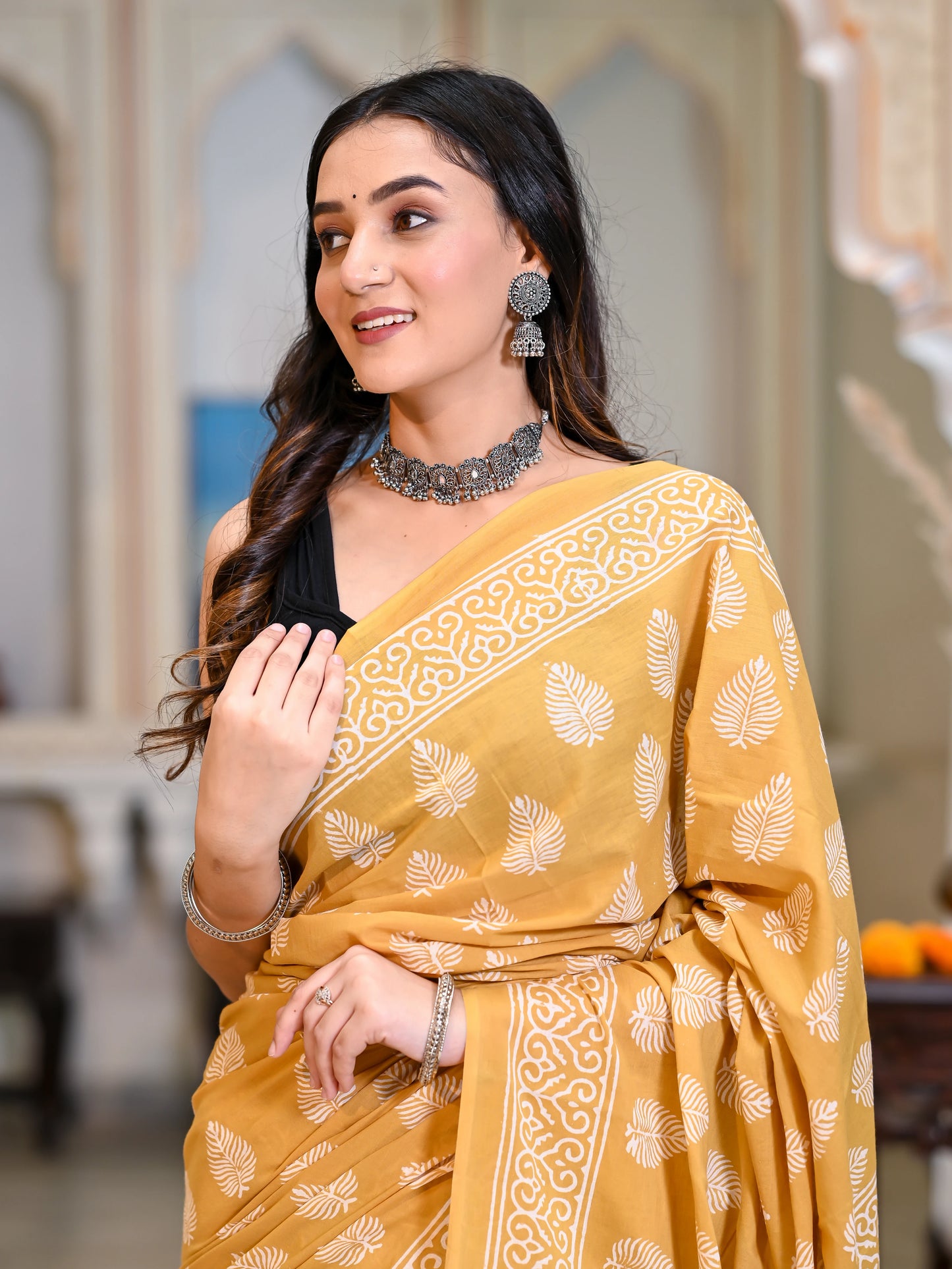 Yellow Booti Hand Block Print Pure Cotton Saree