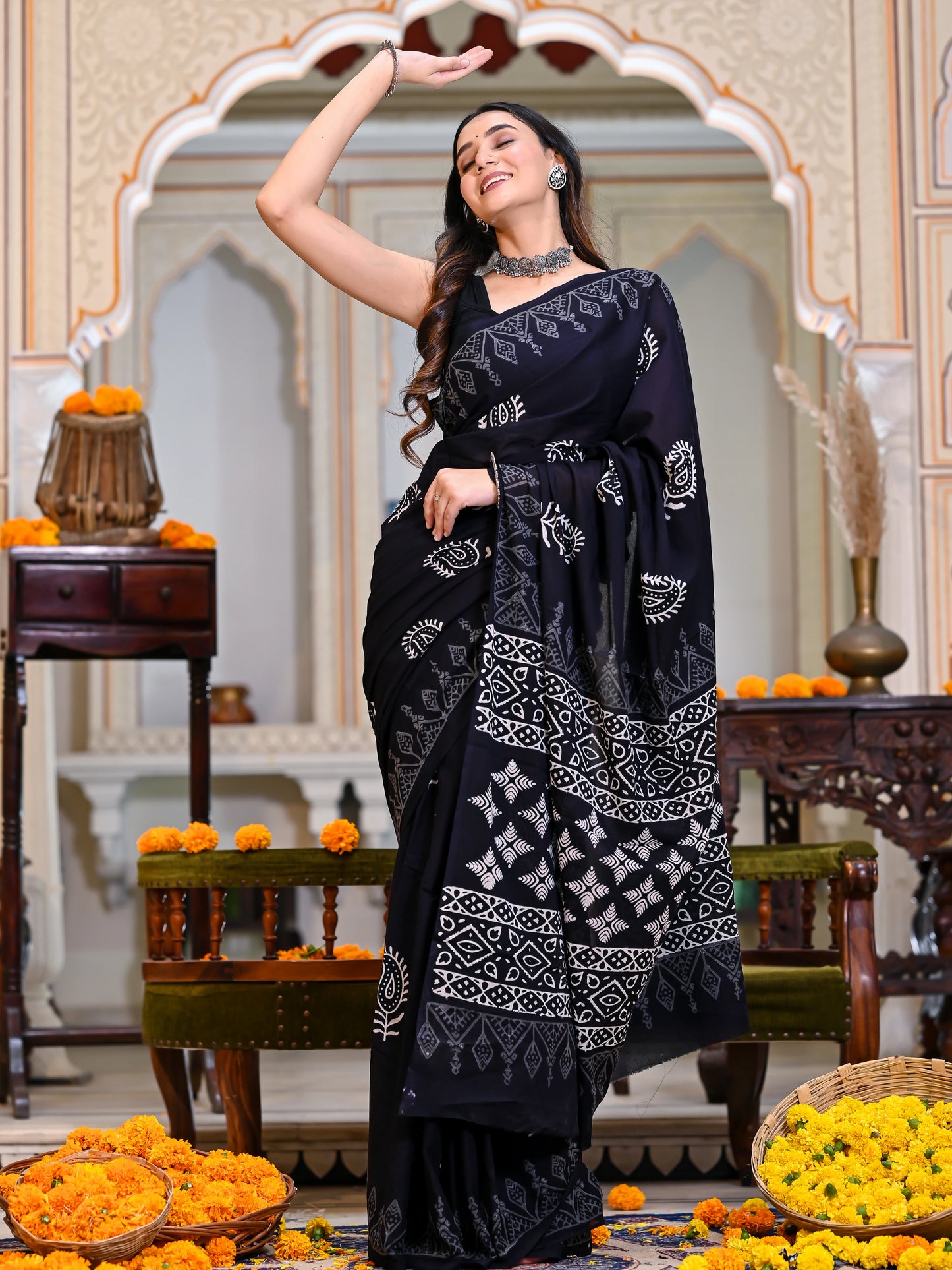 Black Kairi Hand Block Pure Cotton Saree