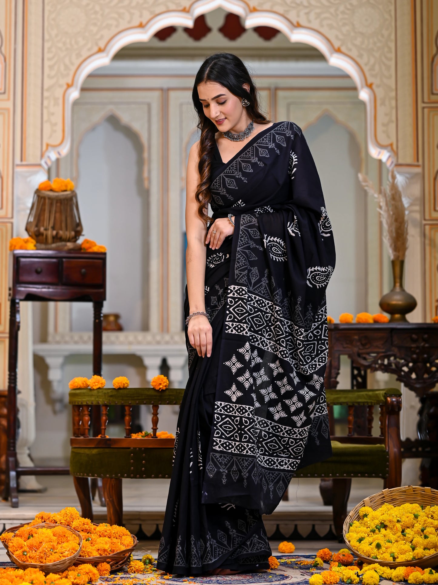 Black Kairi Hand Block Pure Cotton Saree