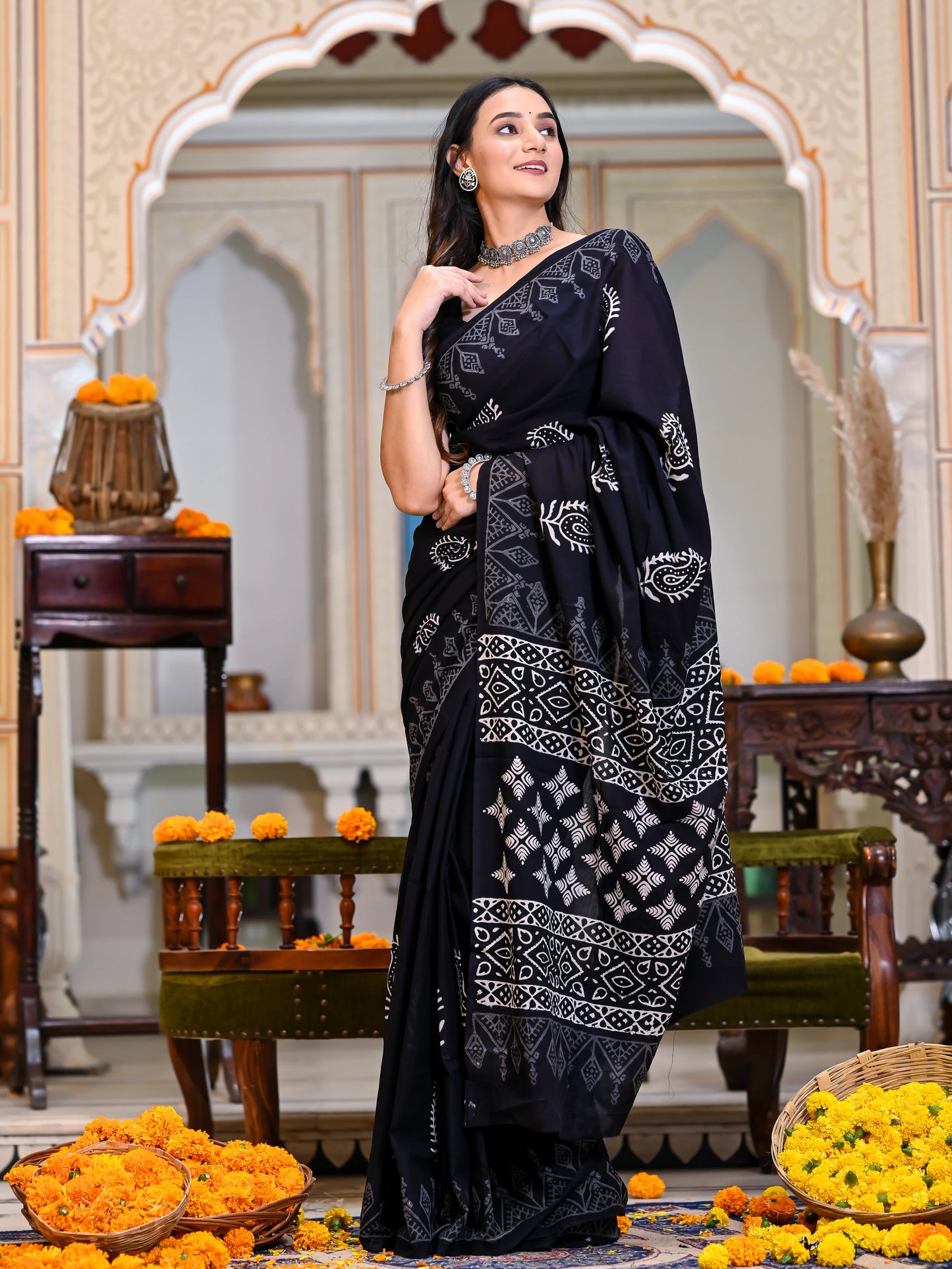 Black Kairi Hand Block Pure Cotton Saree
