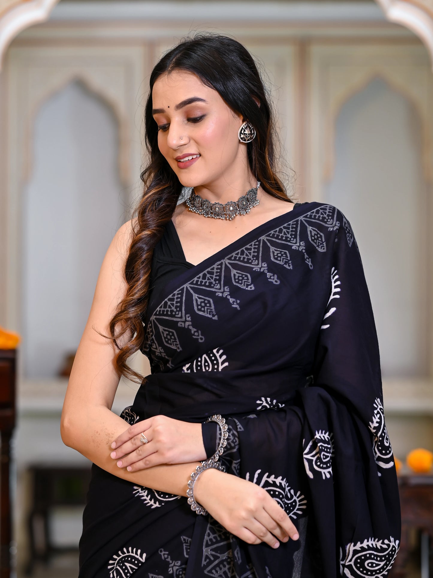 Black Kairi Hand Block Pure Cotton Saree