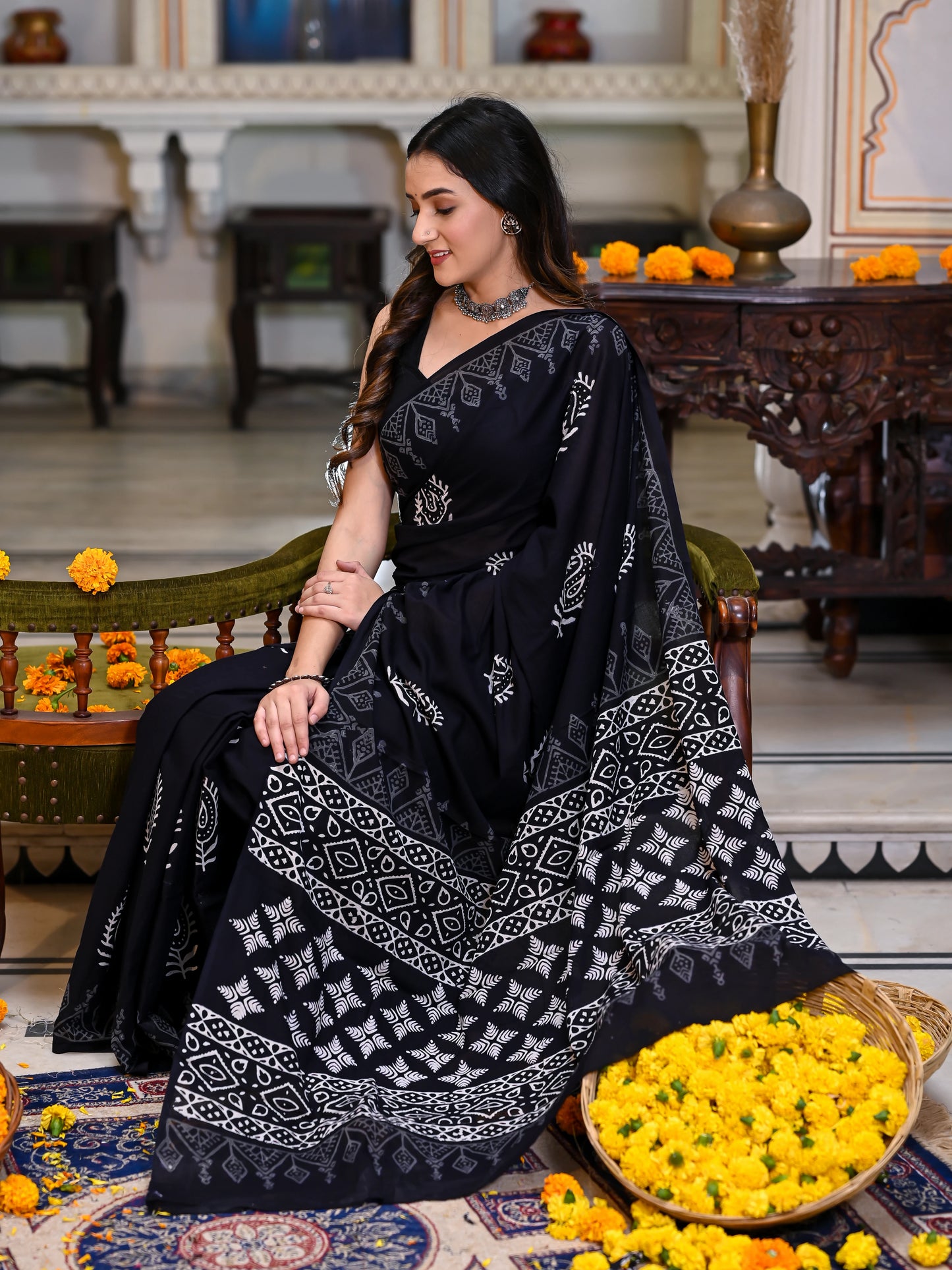 Black Kairi Hand Block Pure Cotton Saree