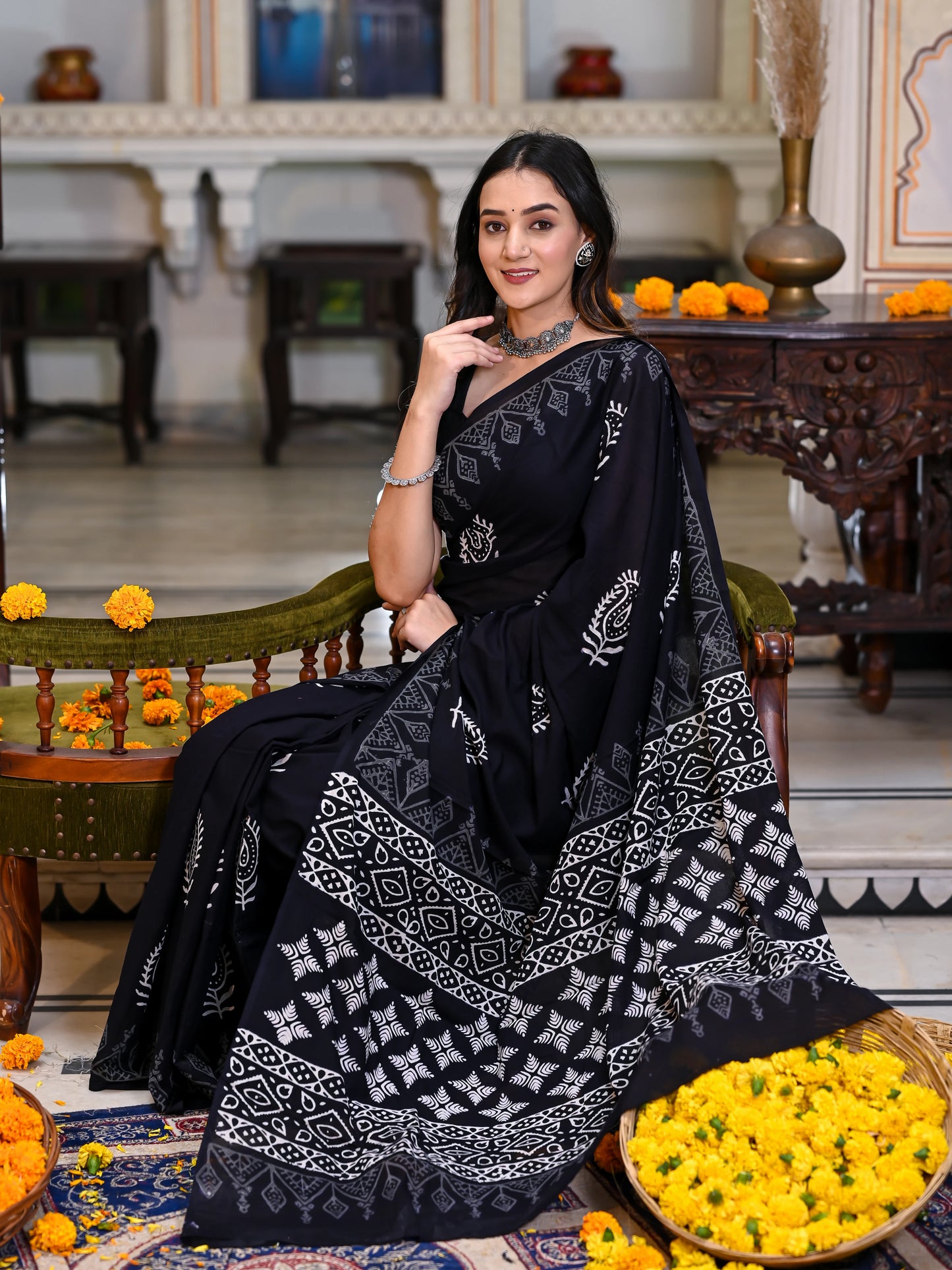 Black Kairi Hand Block Pure Cotton Saree