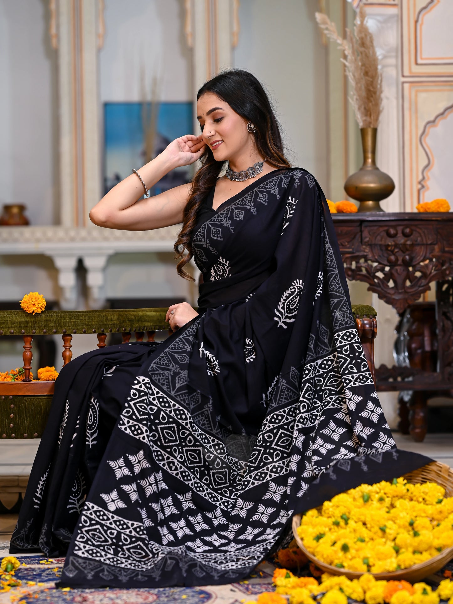 Black Kairi Hand Block Pure Cotton Saree