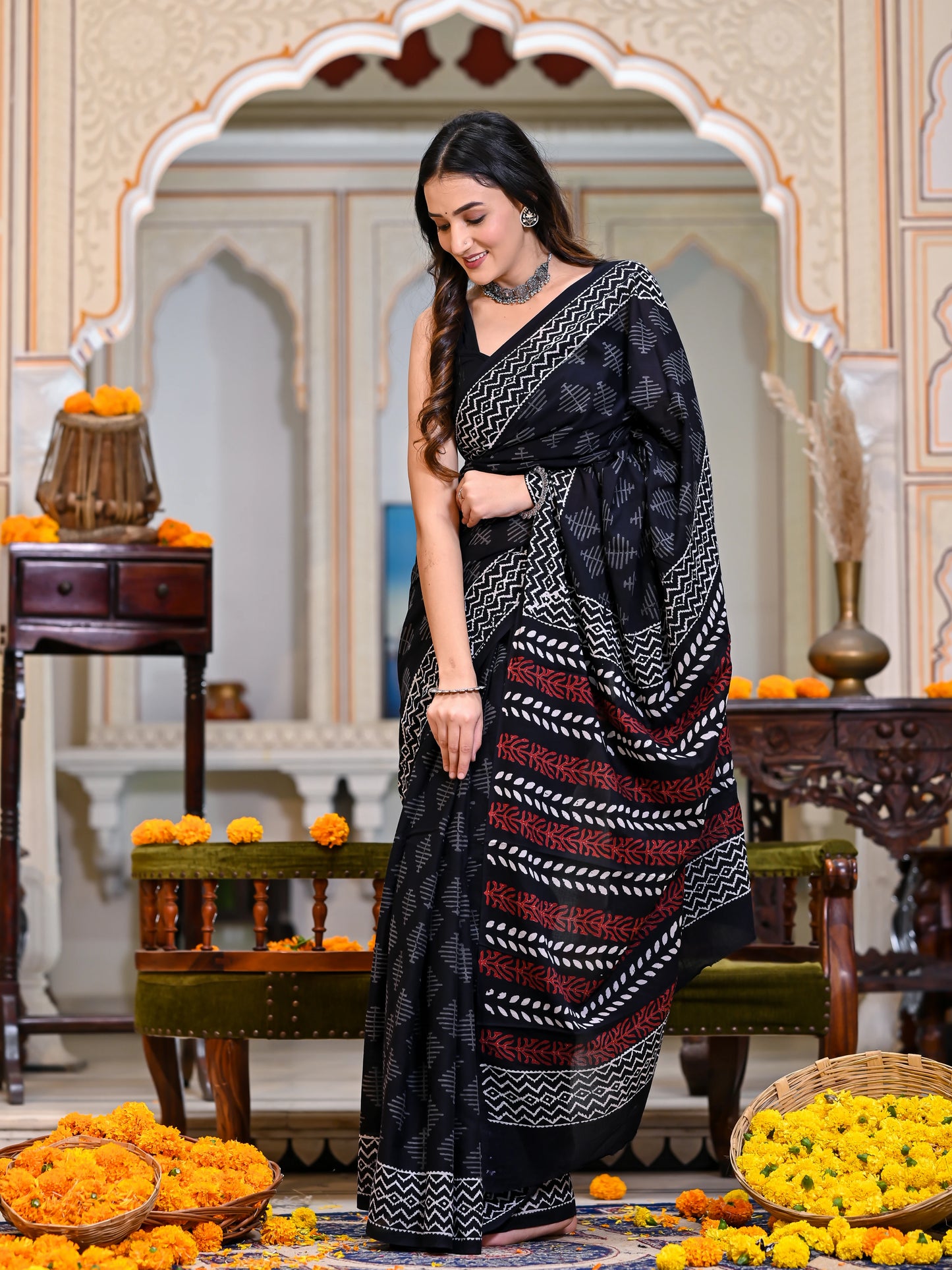 Black Hand Block Print Pure Mul Cotton Saree