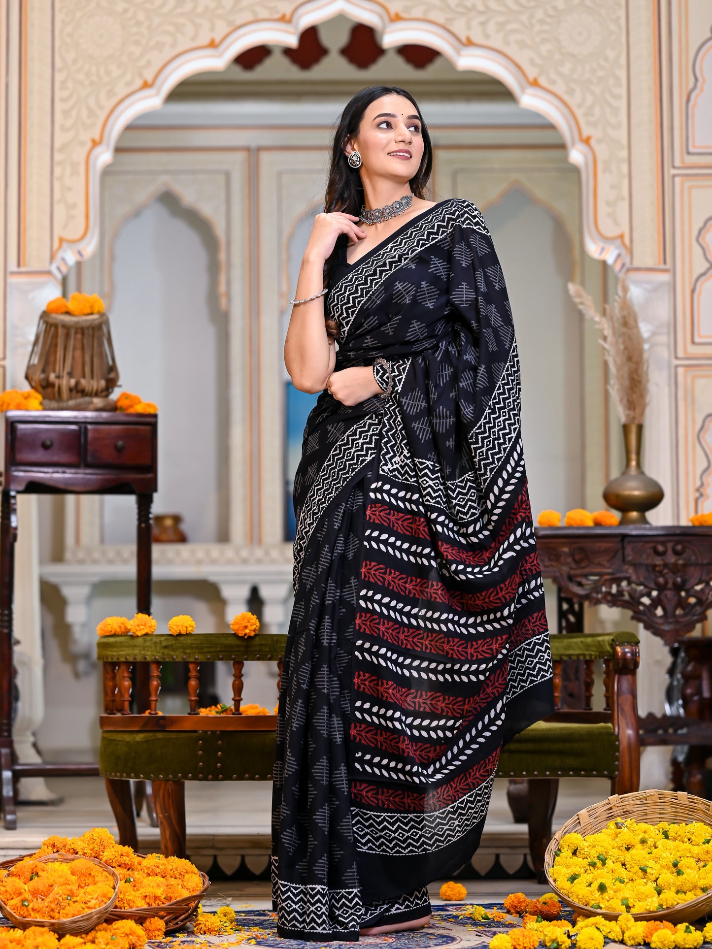 Black Hand Block Print Pure Mul Cotton Saree