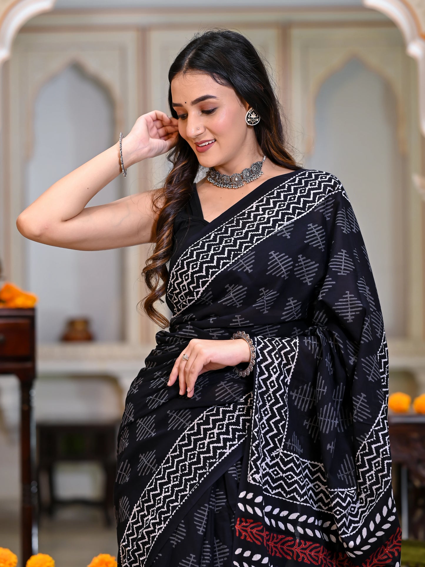 Black Hand Block Print Pure Mul Cotton Saree