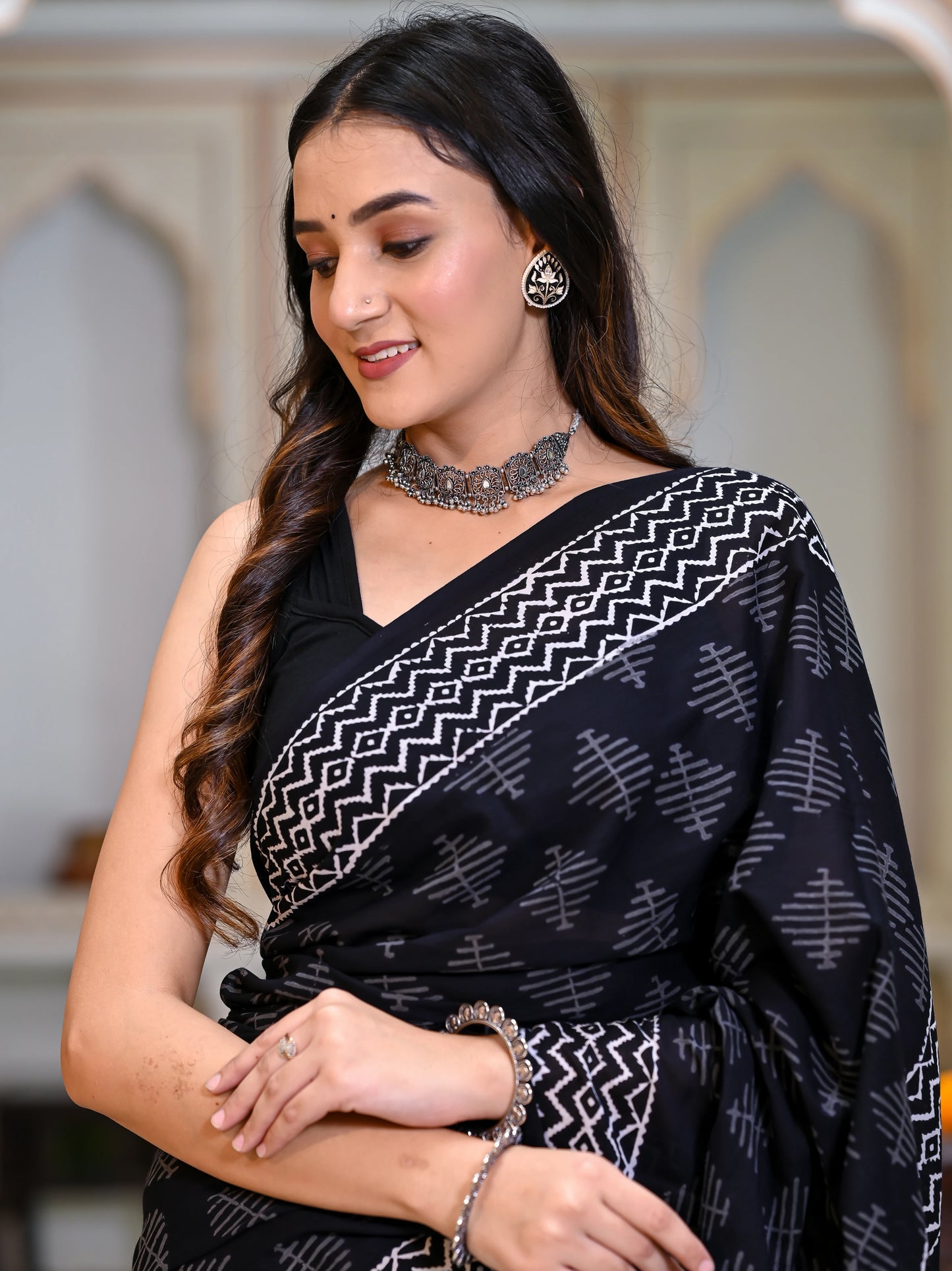 Black Hand Block Print Pure Mul Cotton Saree