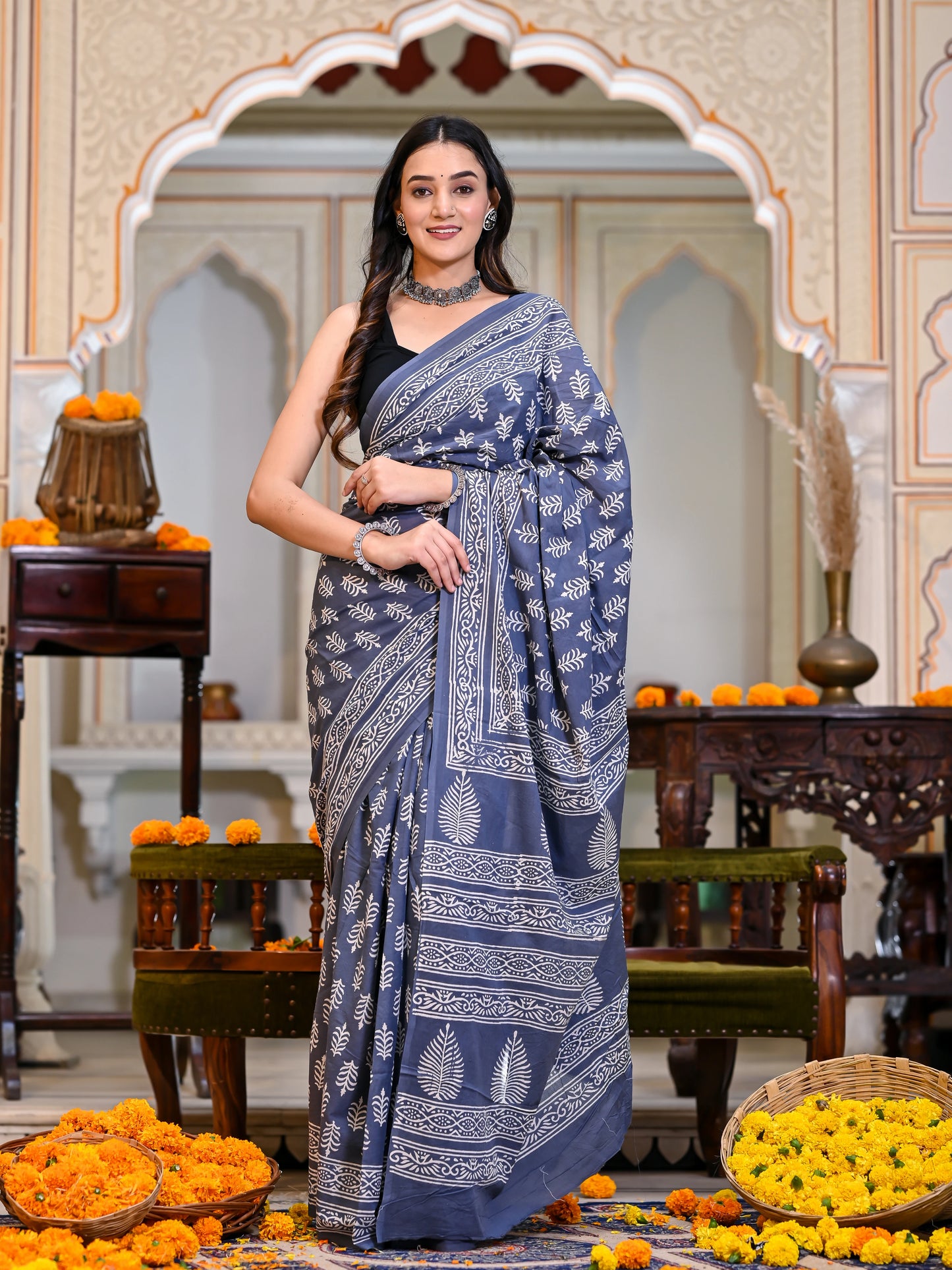 Grey Booti Block Print Pure Mul Cotton Saree