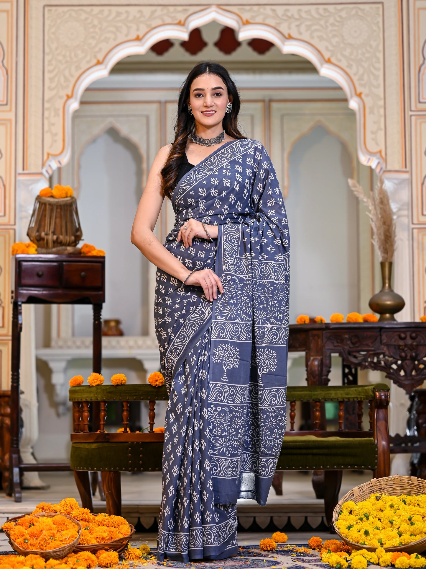 Grey Choti Booti Block Print Pure Cotton Saree