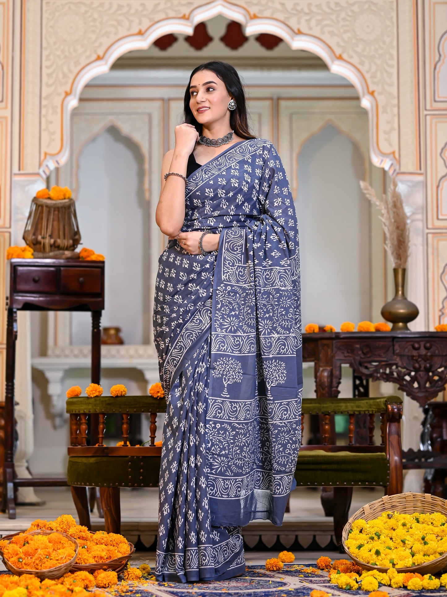 Grey Choti Booti Block Print Pure Cotton Saree