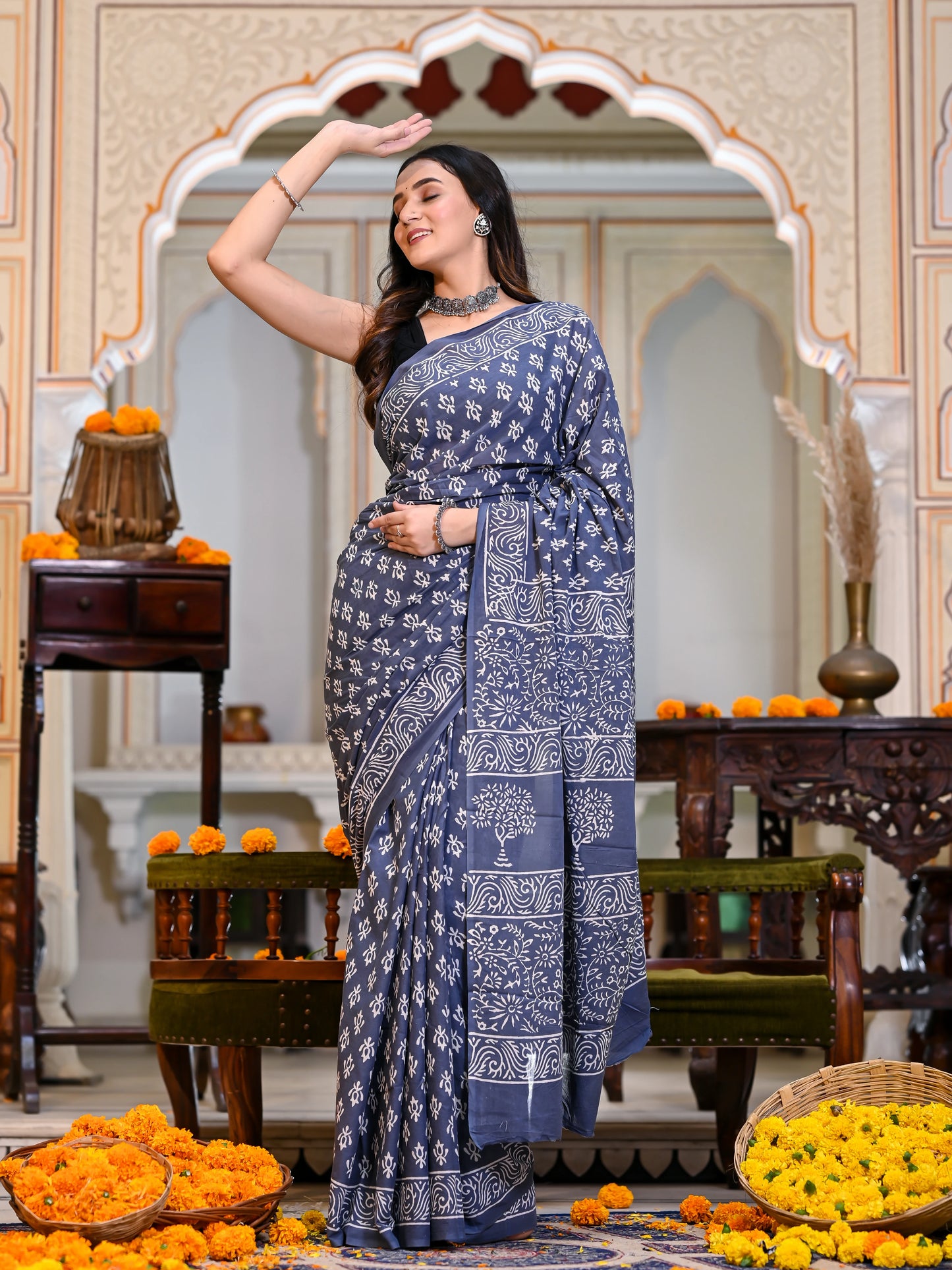 Grey Choti Booti Block Print Pure Cotton Saree
