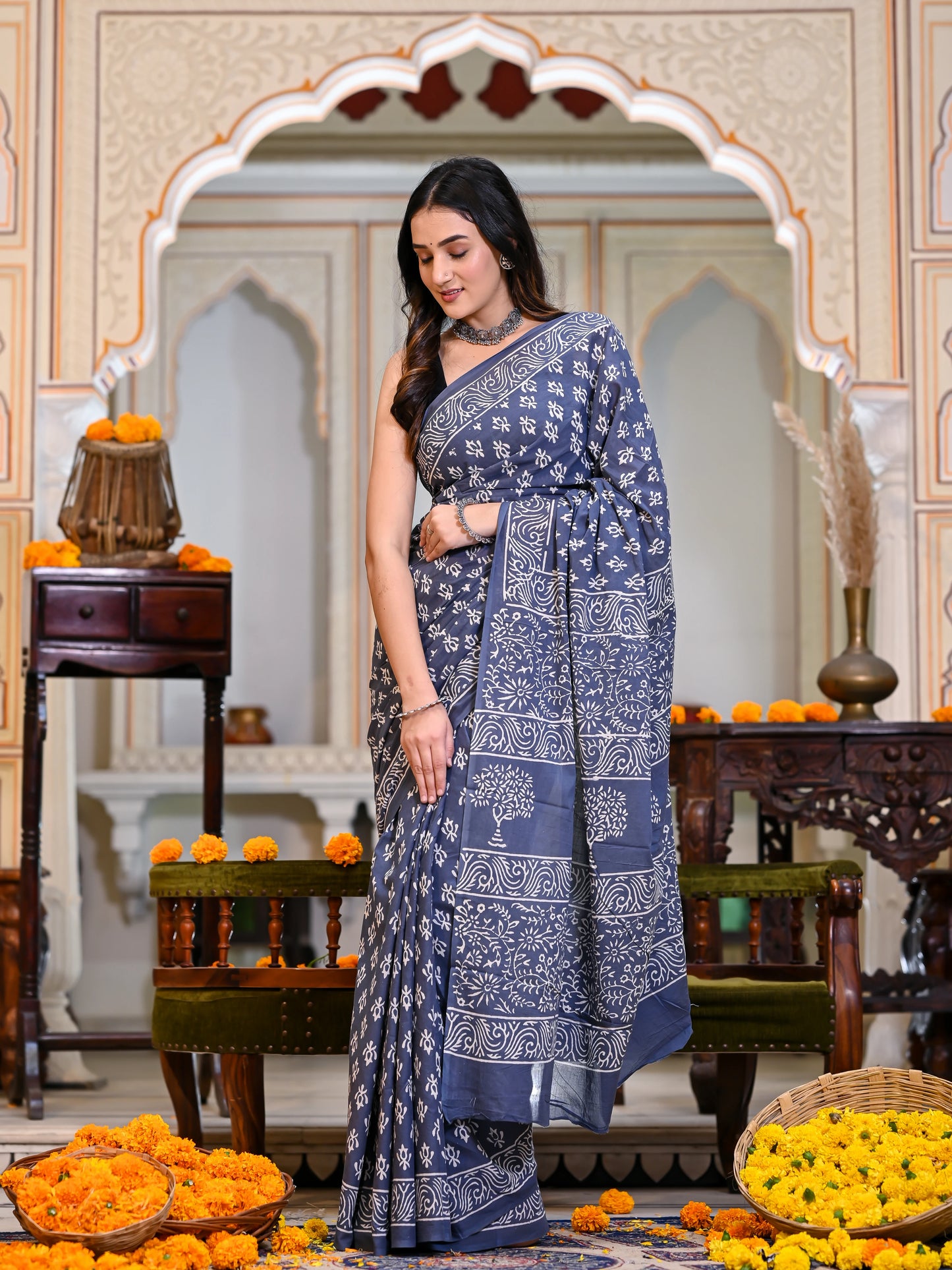 Grey Choti Booti Block Print Pure Cotton Saree