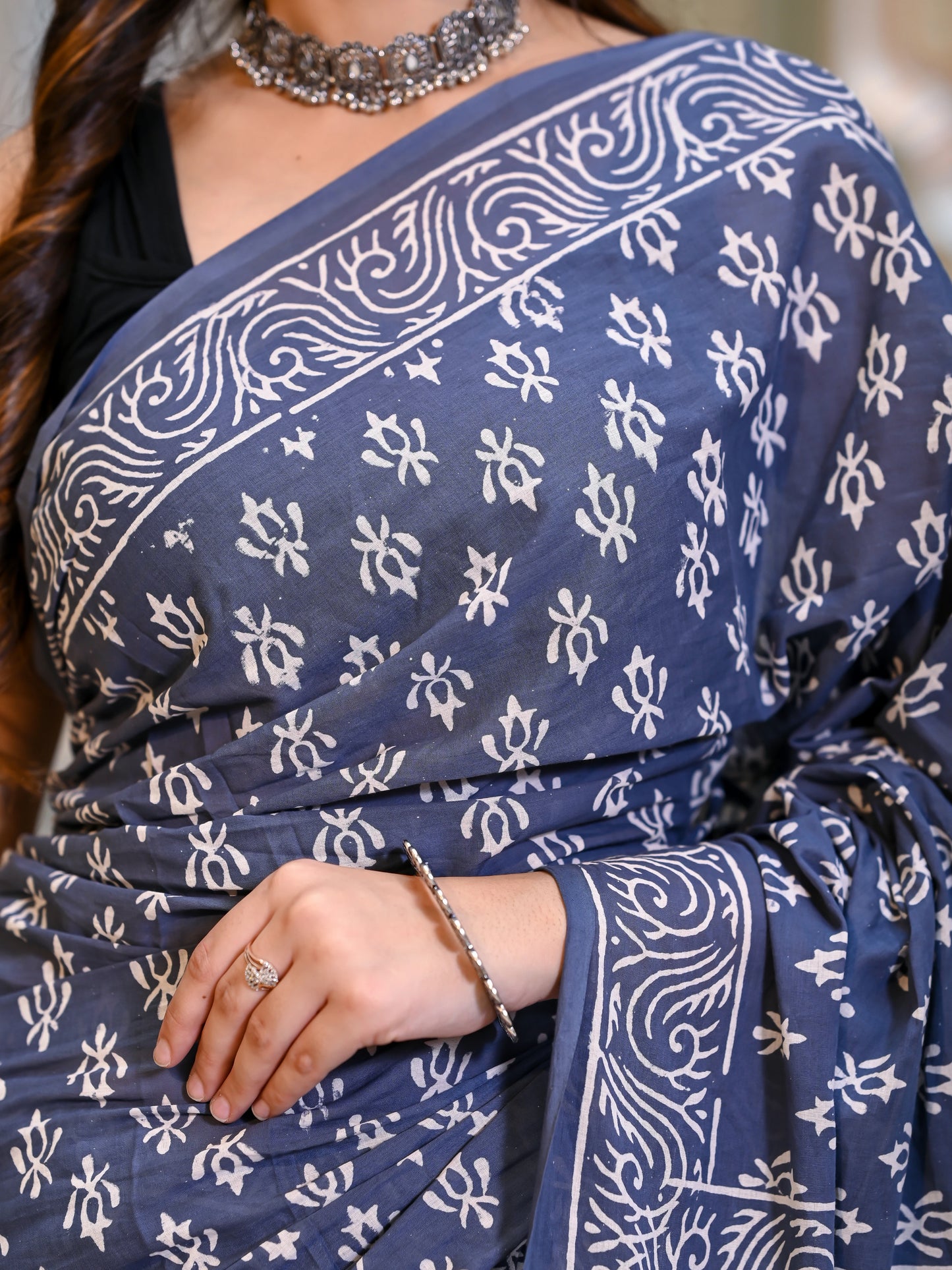 Grey Choti Booti Block Print Pure Cotton Saree